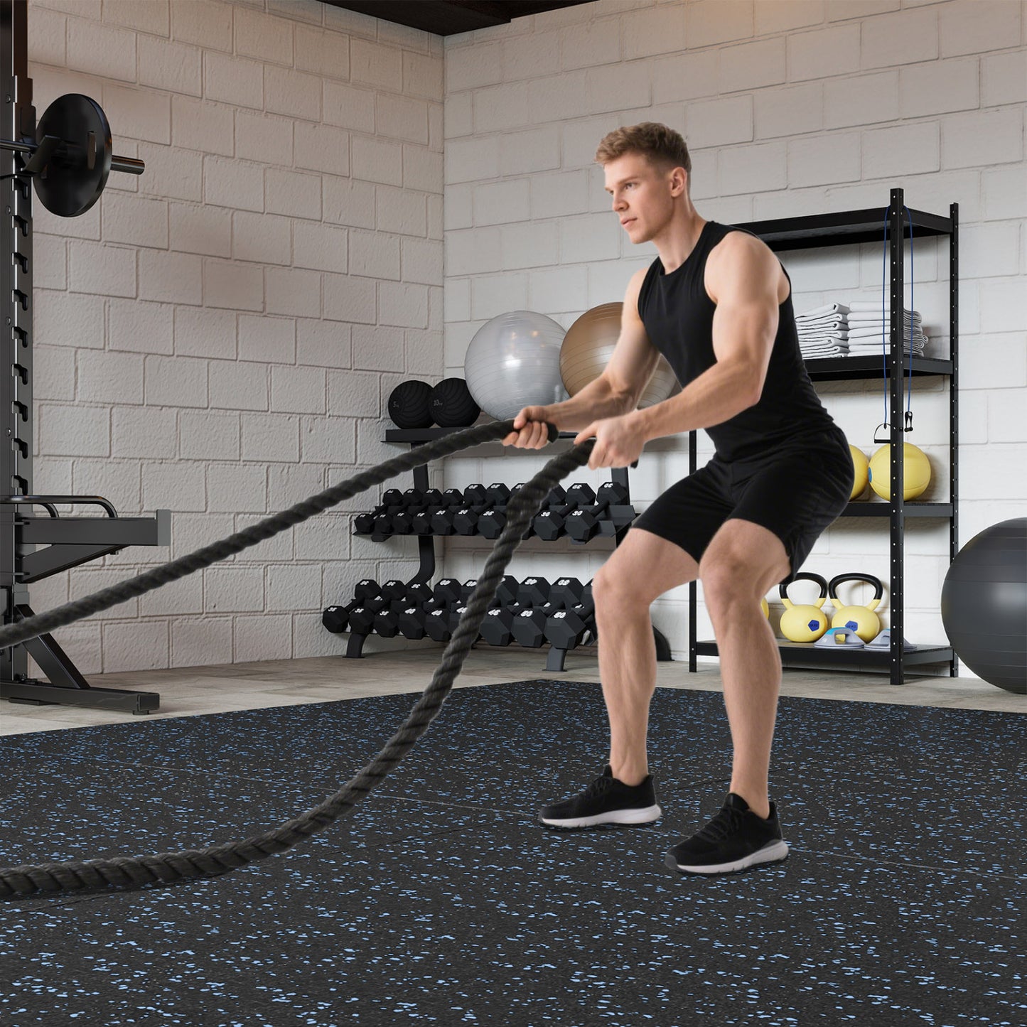 Black 0.79 inch thick rubber top exercise mat with borders, ideal for flooring or workout spaces, by Wilsons Home Store.