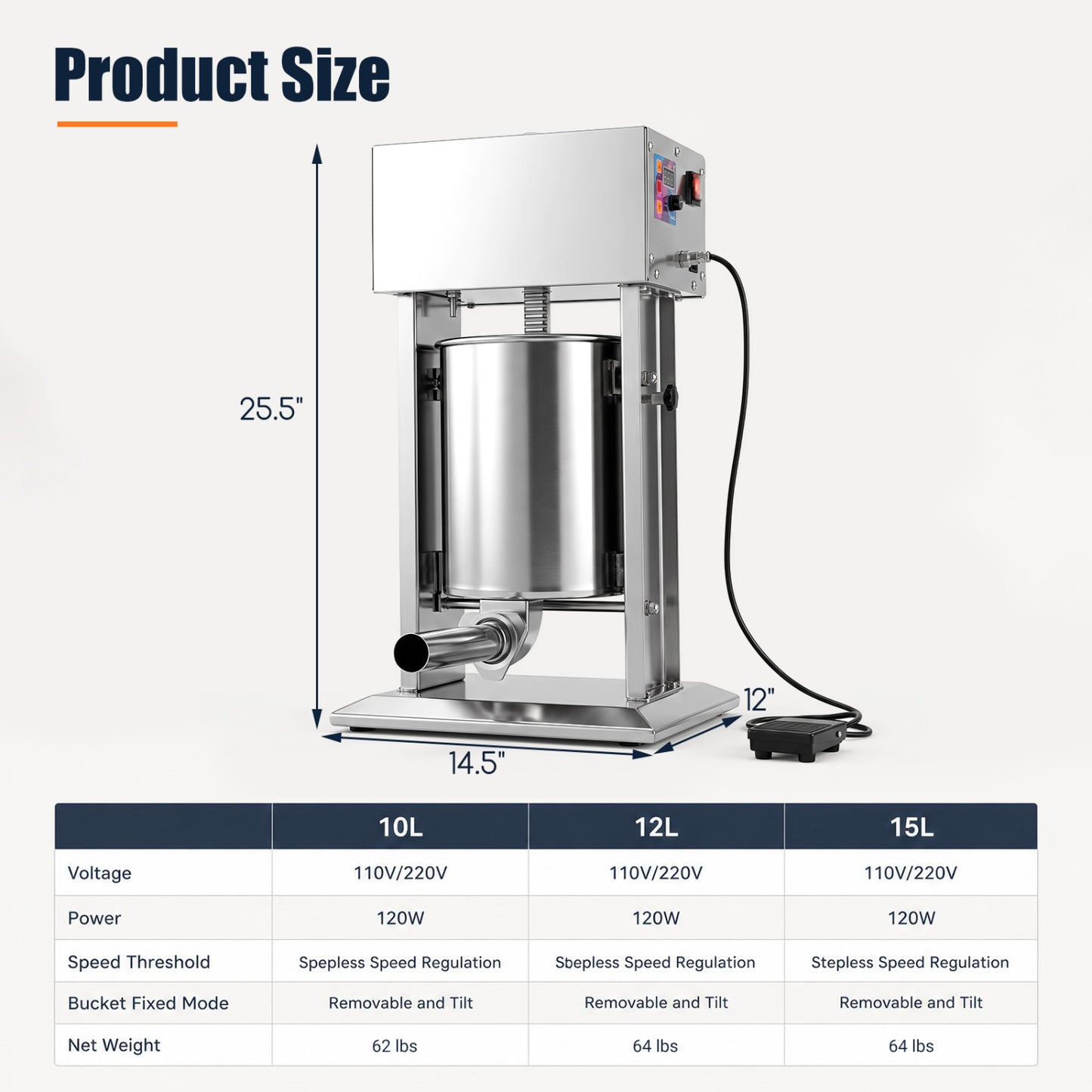 10L Electric Sausage Stuffer with 4 Stuffing Tubes Foot Pedal and Stepless Speed Control-Silver