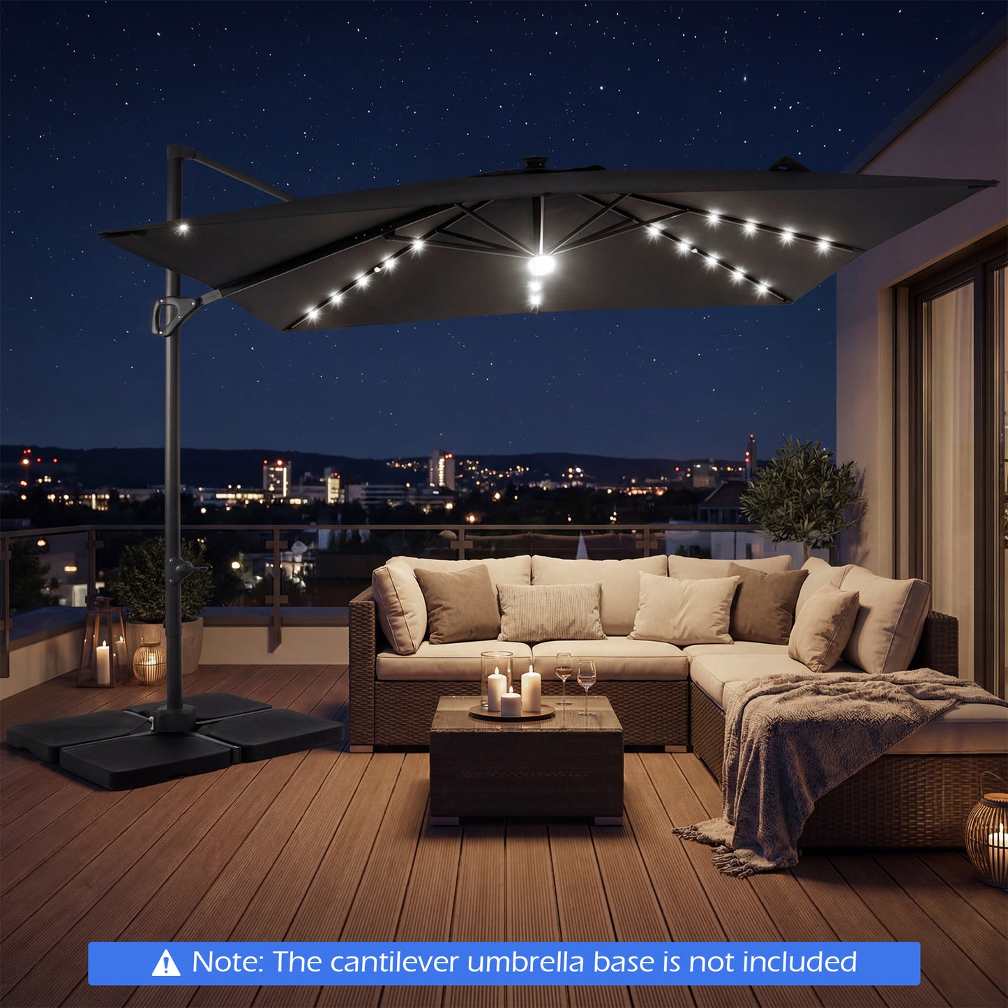 10 FT Cantilever Patio Umbrella with Solar LED Lights for Pool and Garden-Beige
