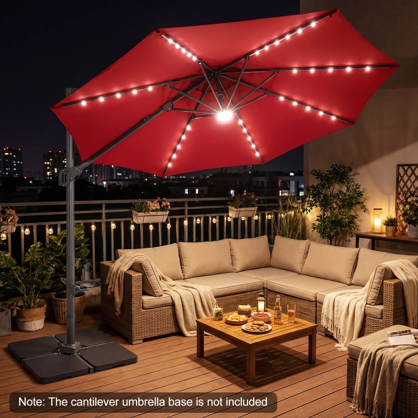 10 FT Cantilever Patio Umbrella with Solar LED Lights 360° Rotation-Beige