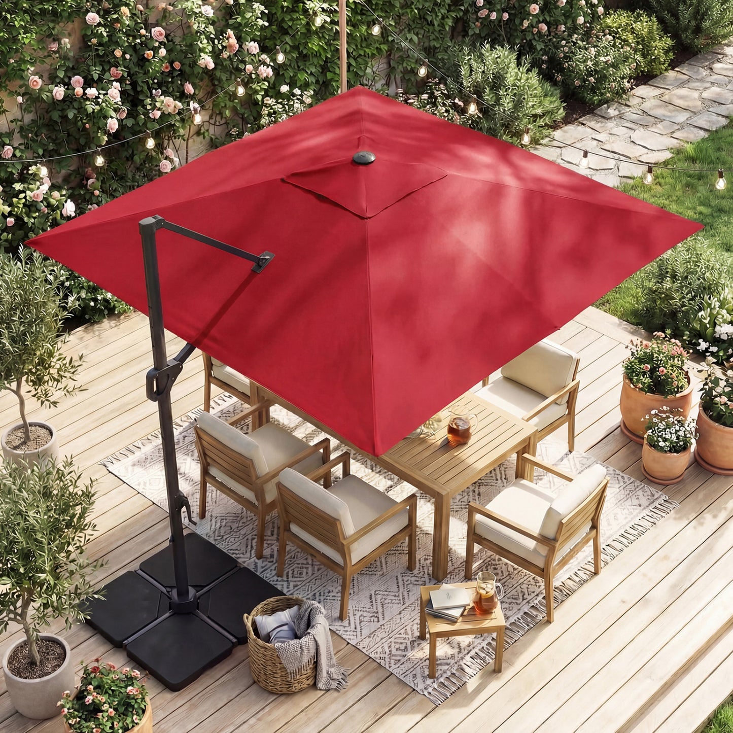 Beige 10 ft cantilever patio umbrella with 32 solar LED lights and heavy 220 lbs base for outdoor shade and sun protection.