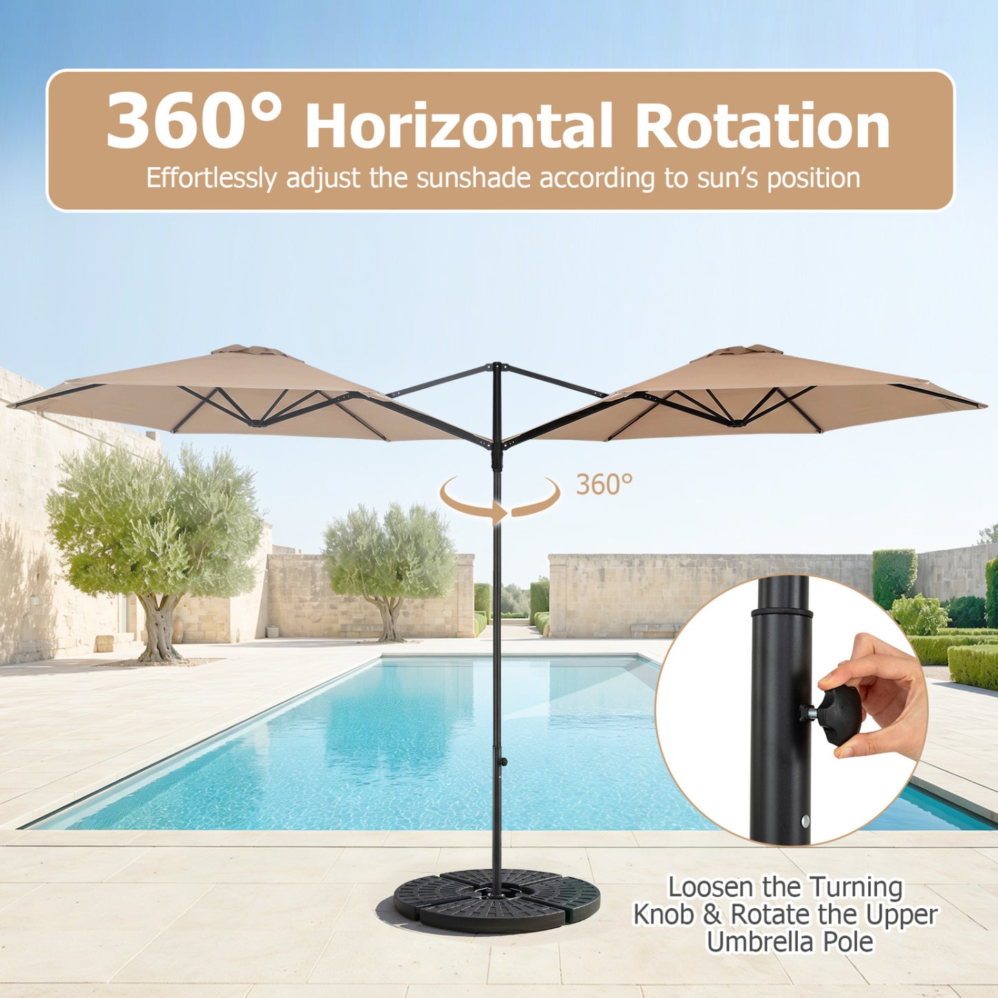 Beige 10 ft cantilever patio umbrella with 360° rotation for outdoor garden shade, designed by Wilsons Home Store.