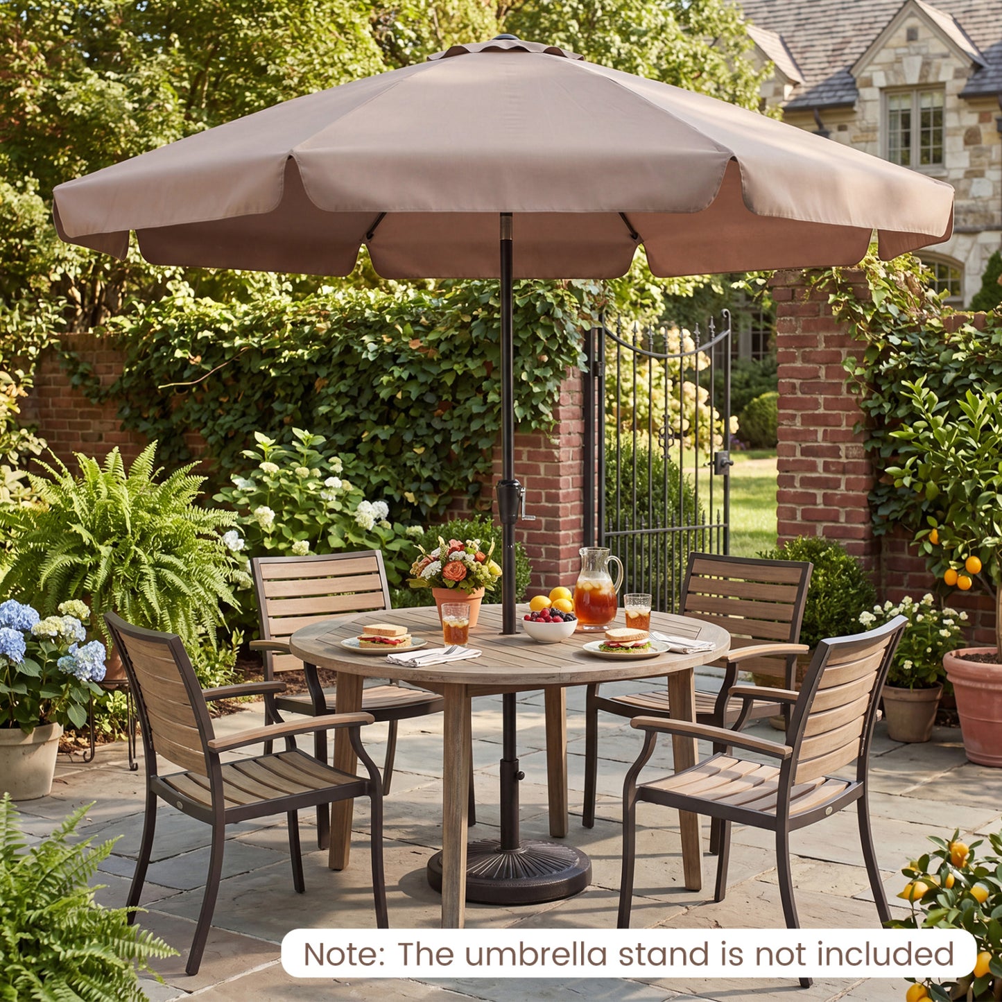 Beige 10 ft scalloped patio umbrella with push button tilt and 8 fiberglass ribs, outdoor shade by Wilsons Home Store