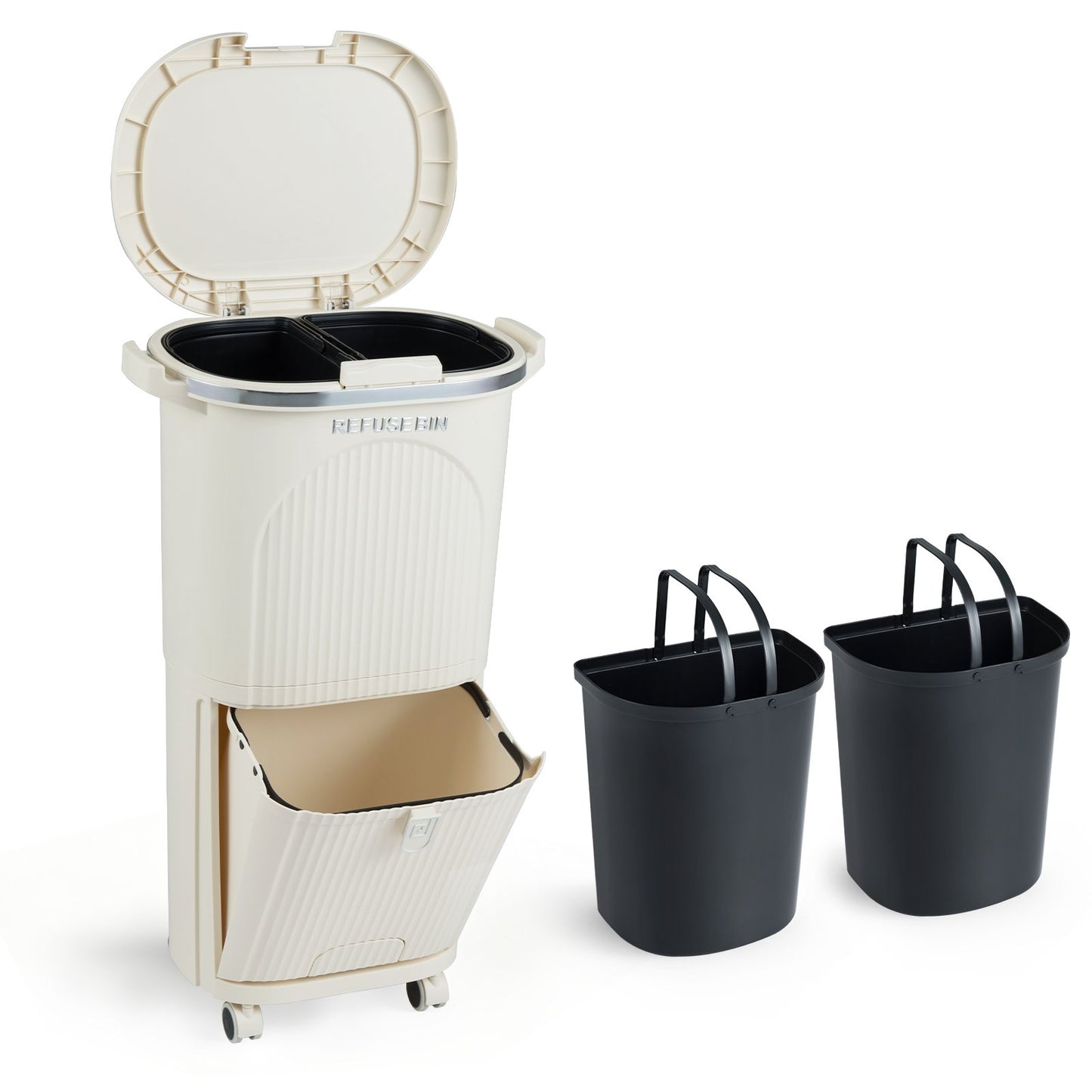 10 Gallon Kitchen Trash Can Double-Layer with Lid and 2 Removable Buckets-Beige