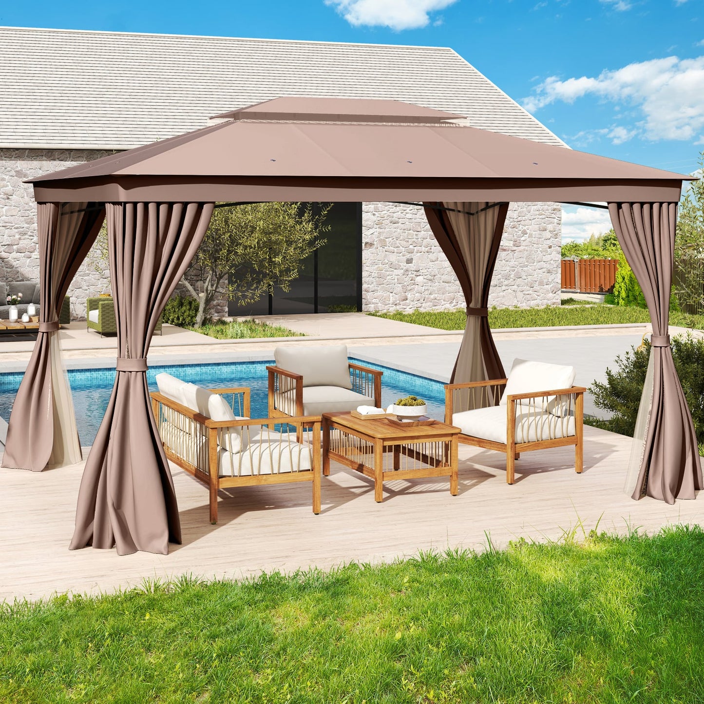 10 x 13 Feet Patio Gazebo Double-Roof with Mesh Netting and Privacy Curtains-Coffee