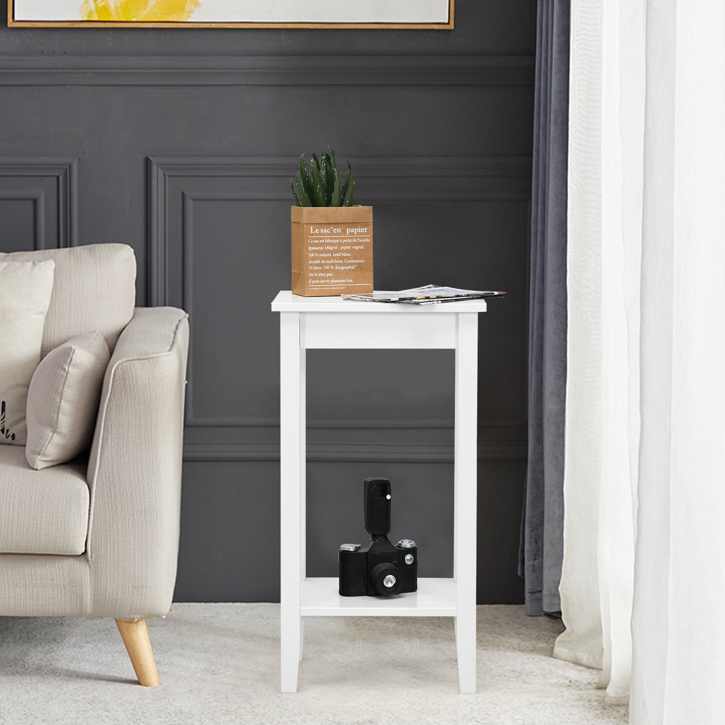 Set of 2 Versatile 2-Tier End Table with Storage Shelf-Black