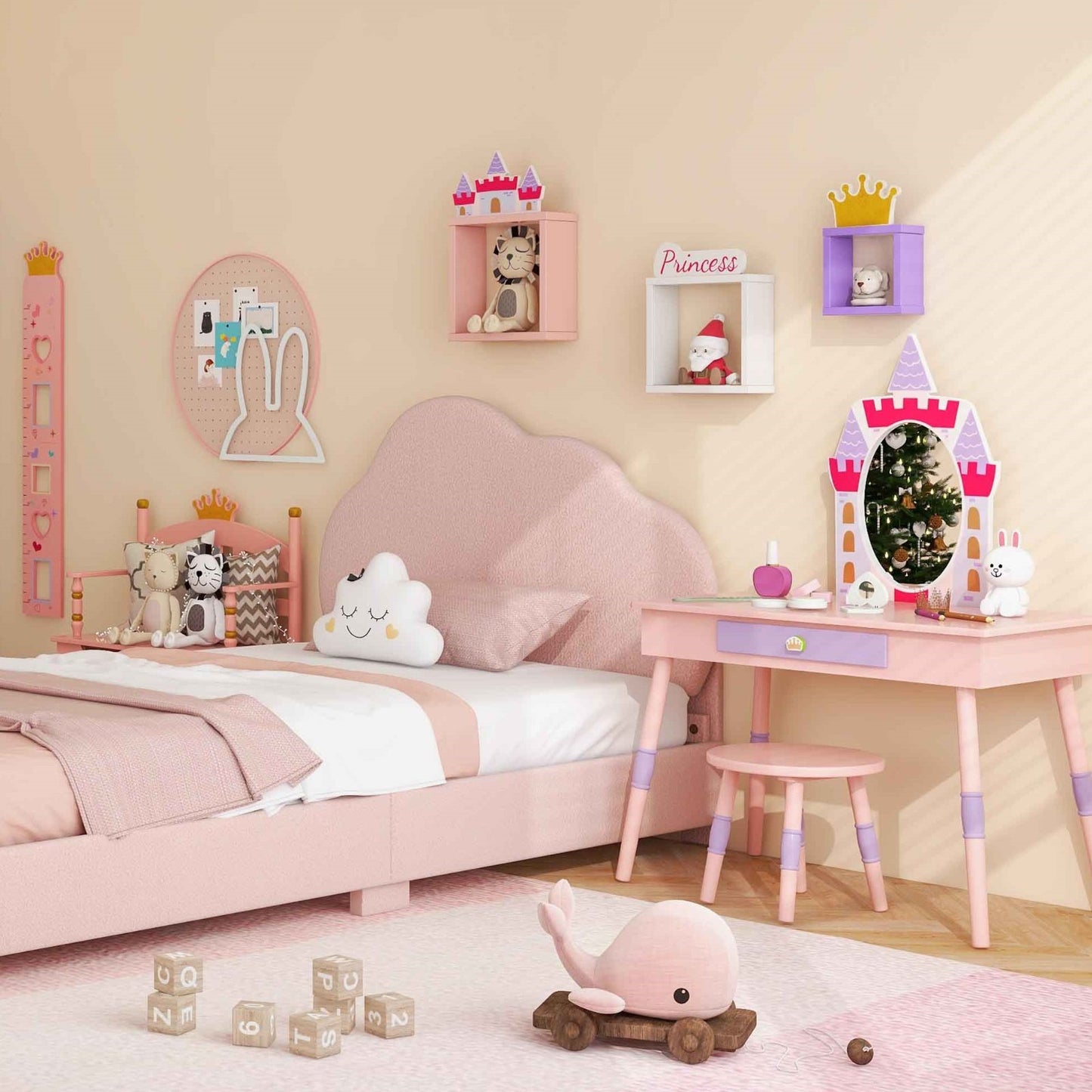 5 Pieces Kids' Room Bundle: Twin Bed Frame Wardrobe Closet Vanity Table and Stool Set
