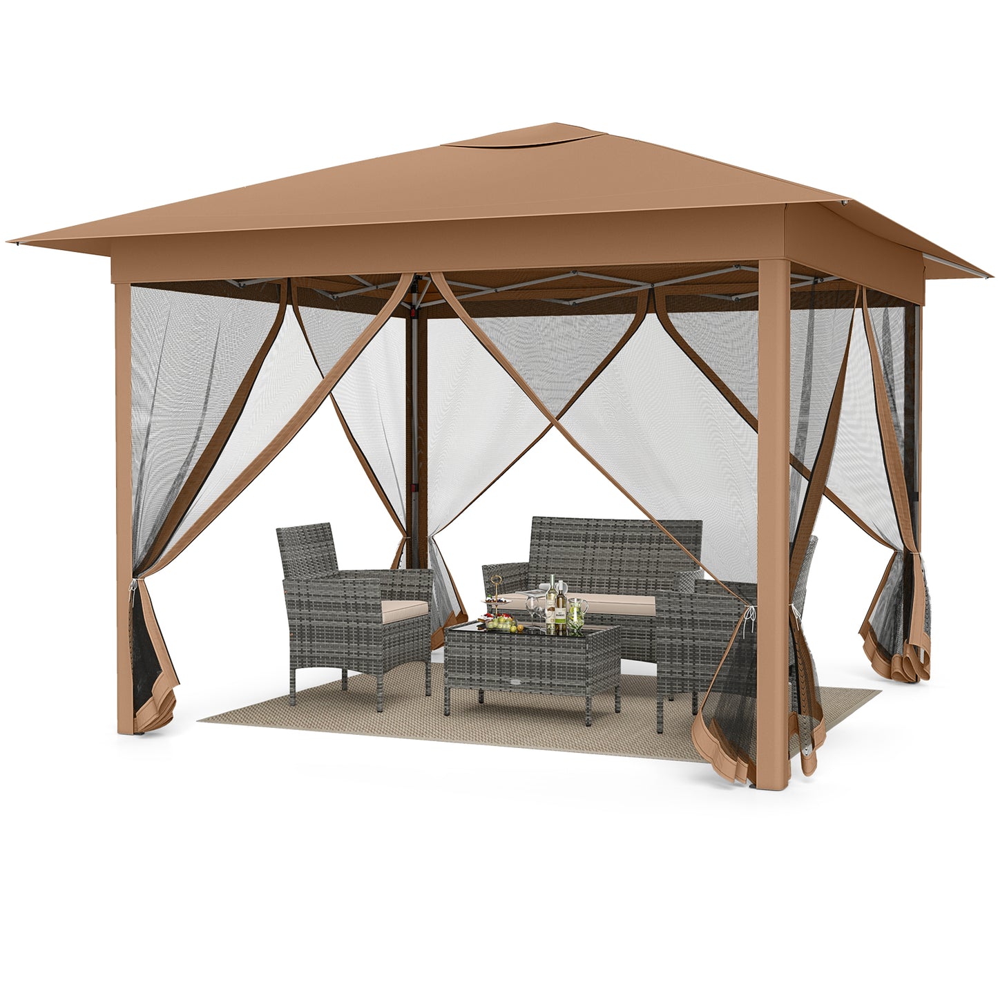 11.5 x 11.5 FT Pop-up Canopy Instant One-Person Setup with Mesh Screen Netting-Beige