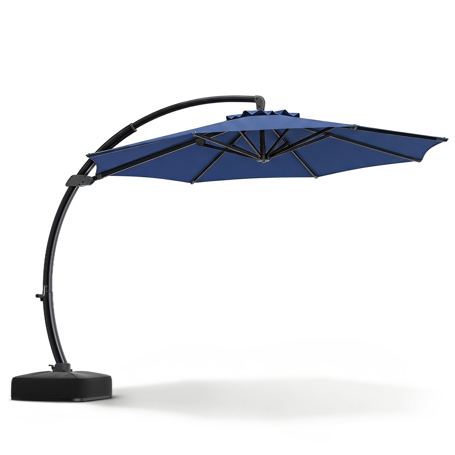 Beige 11 ft cantilever patio umbrella with base, featuring 360° rotation and tilt adjustment for outdoor shading.