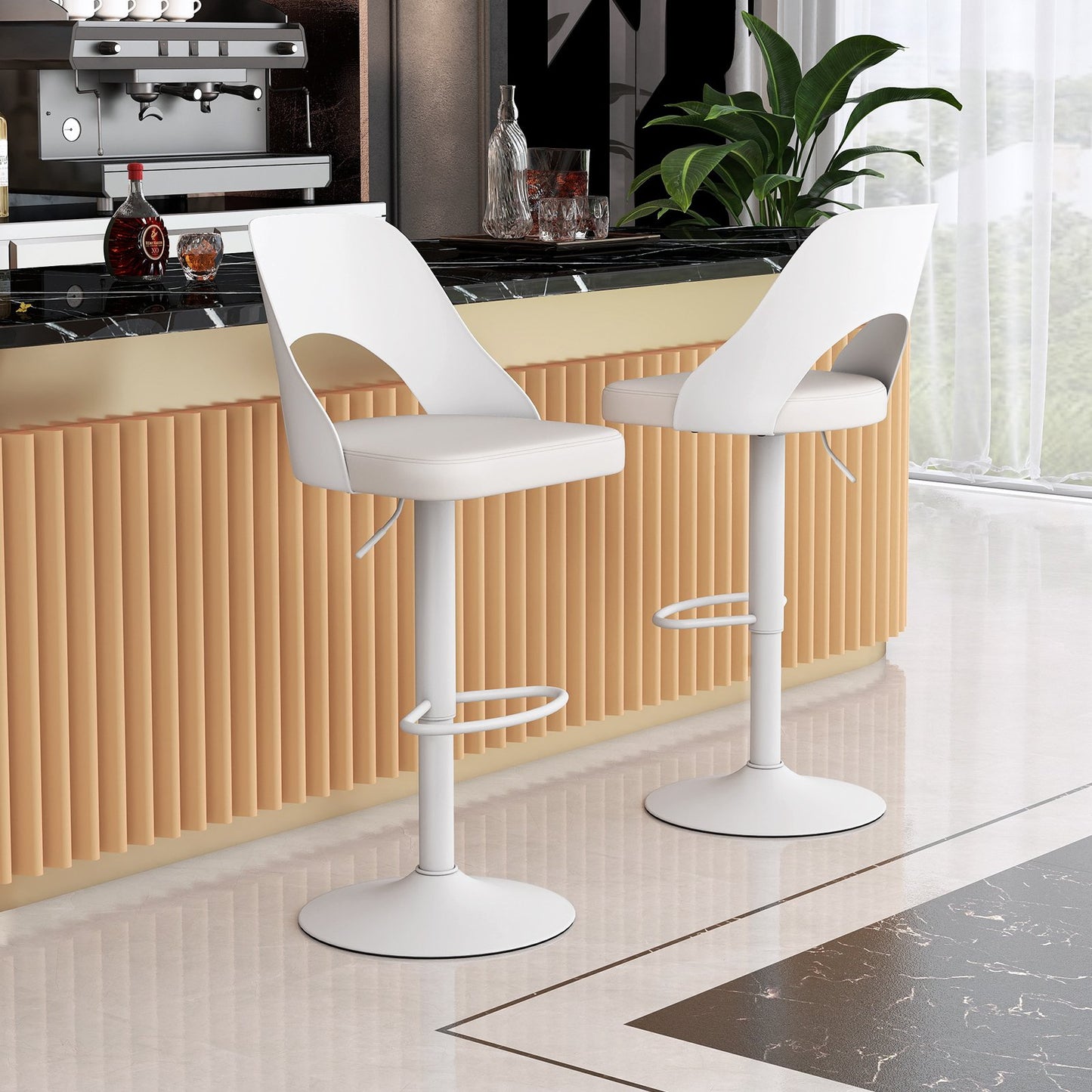 Bar Stools Set of 2 with Enlarged PU Leather Seat and Footrest-Black