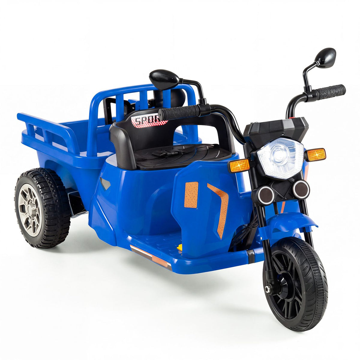 12V Kids Motorcycle with 3 Wheels and Trailer and Shovel Ride On Tractor-Blue