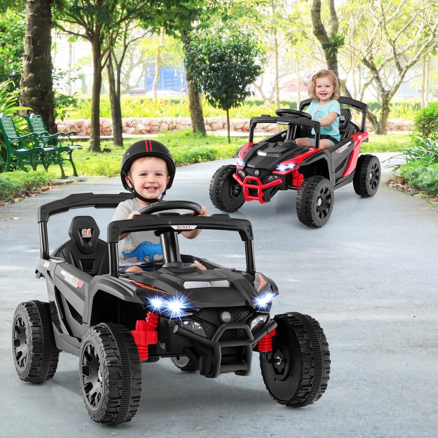 12V Kids Ride On Car UTV Electric Vehicle with LED Lights Music and Horn-Black