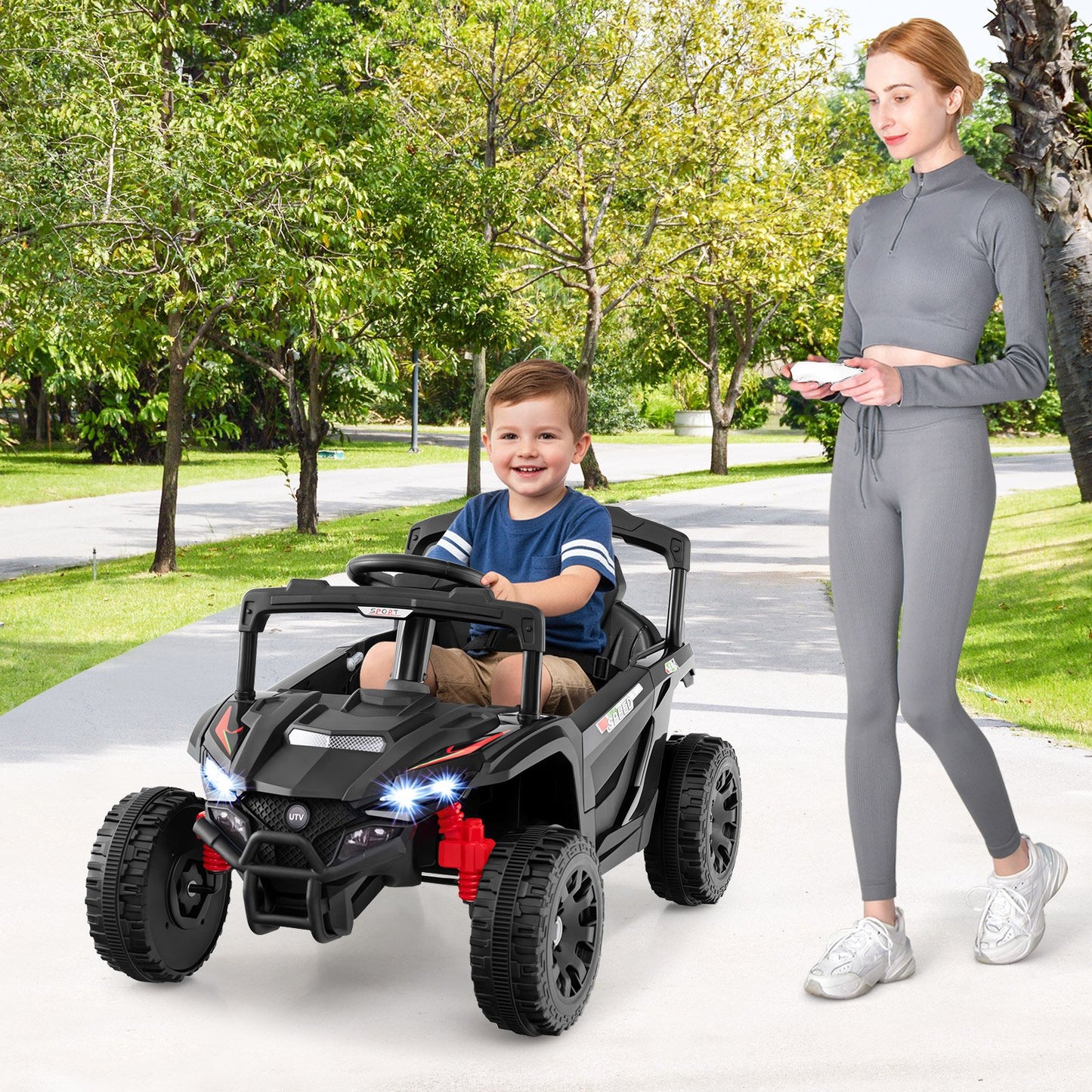 12V Kids Ride On Car UTV Electric Vehicle with LED Lights Music and Horn-Black