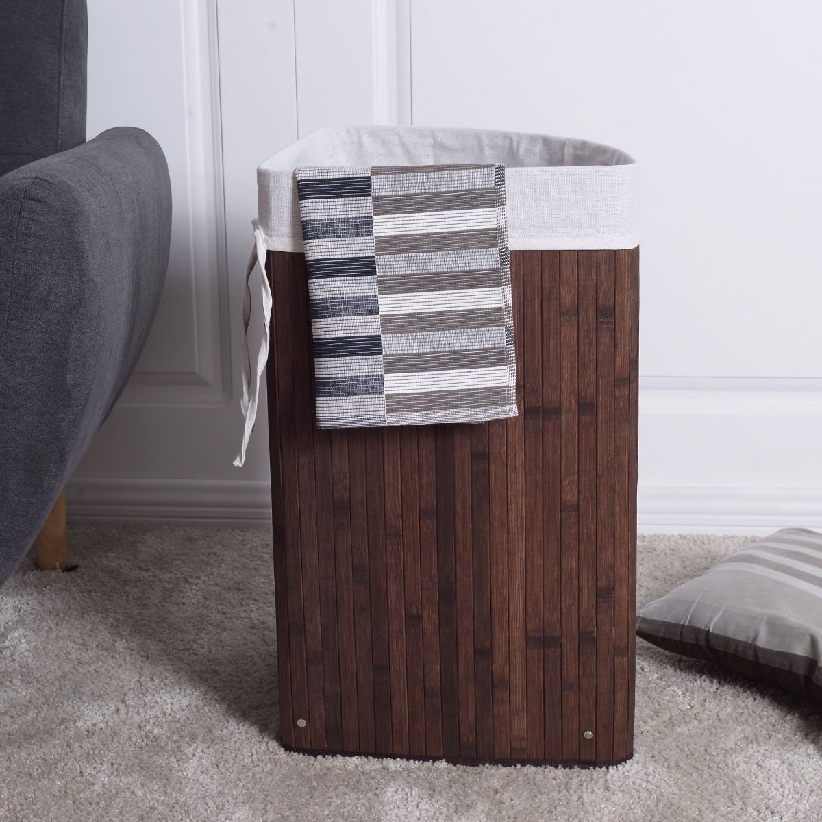 Corner Bamboo Hamper Laundry Basket with Lid and Removable Liner-Black