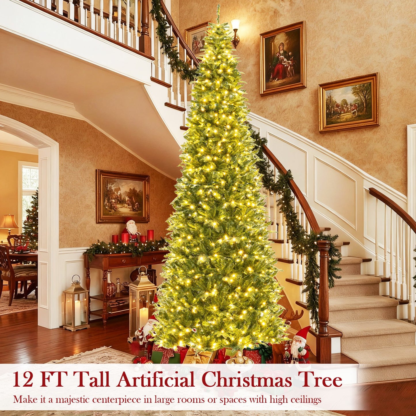 12 Feet Tall Prelit Hinged Artificial Christmas Tree with 2517 PVC PE Branch Tips