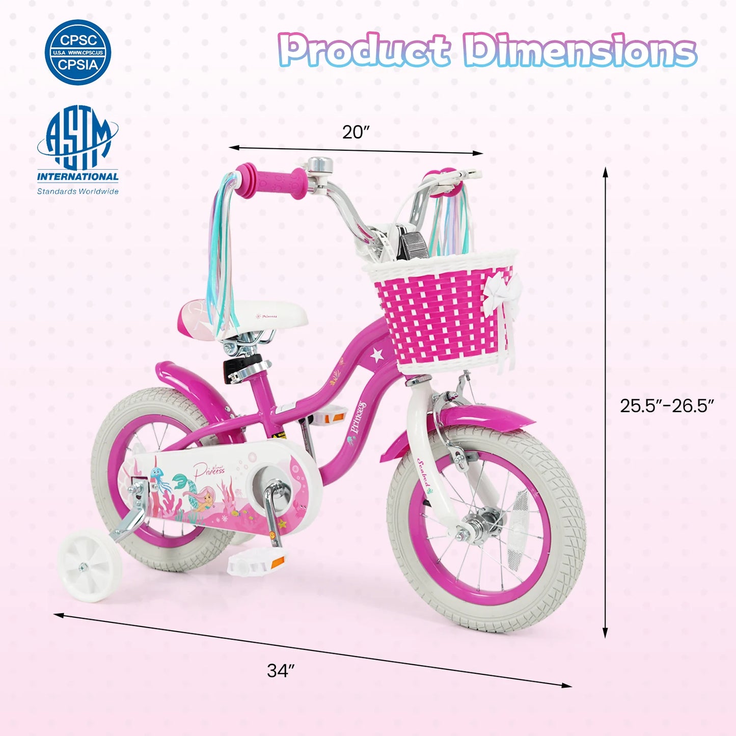 12-Inch Kids Bike Adjustable with Basket and Streamers Rose Red - Princess of the Sea Theme