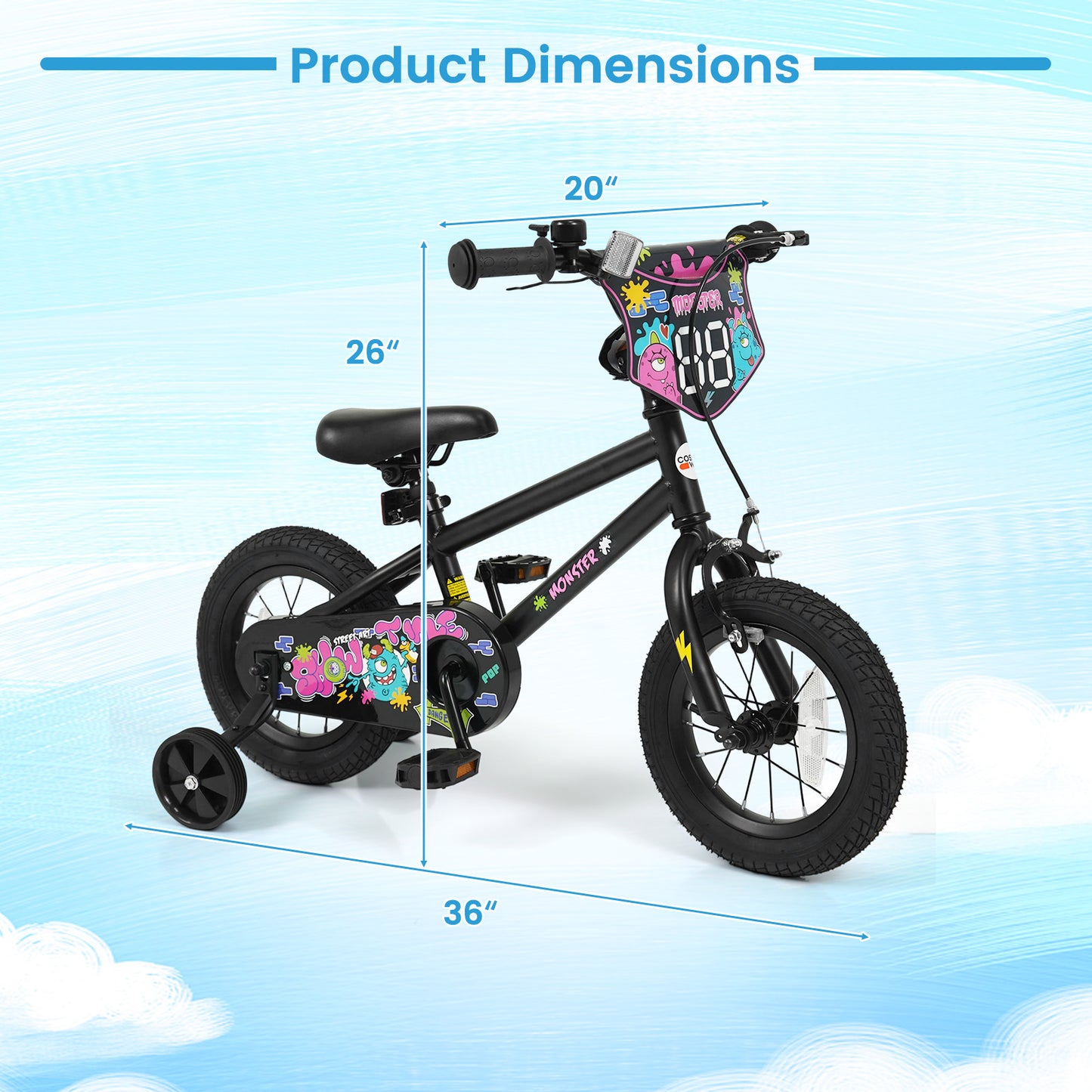 12 Inch Kids Bike with Training Wheels for Ages 3-4 Years Old Black- Street Art Time