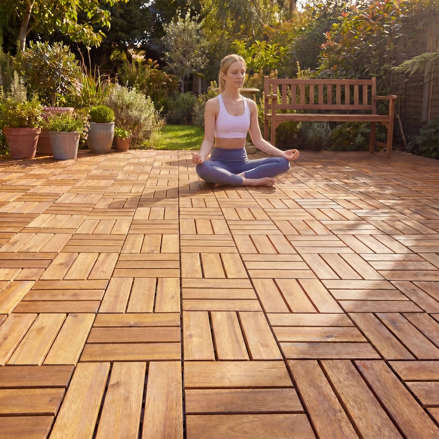 Set of 2 natural acacia wood interlocking deck tiles, 12x12 inches, waterproof design, perfect for outdoor flooring.