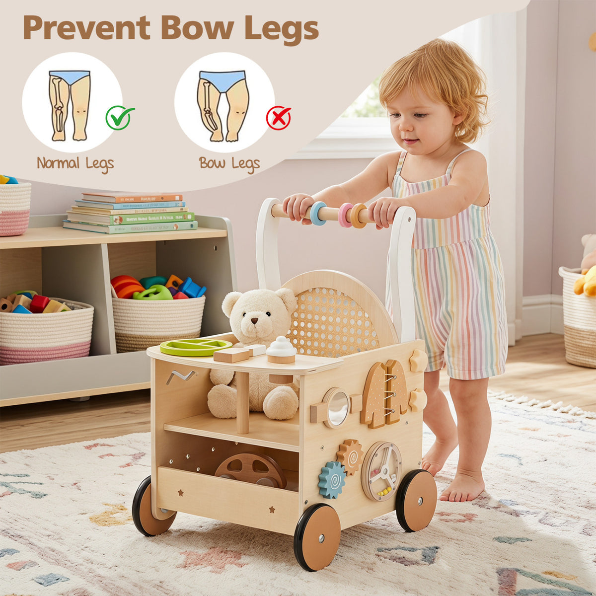 Wooden 13-in-1 toddler push walker with wheels and storage, designed for baby activity and play, by Wilsons Home Store