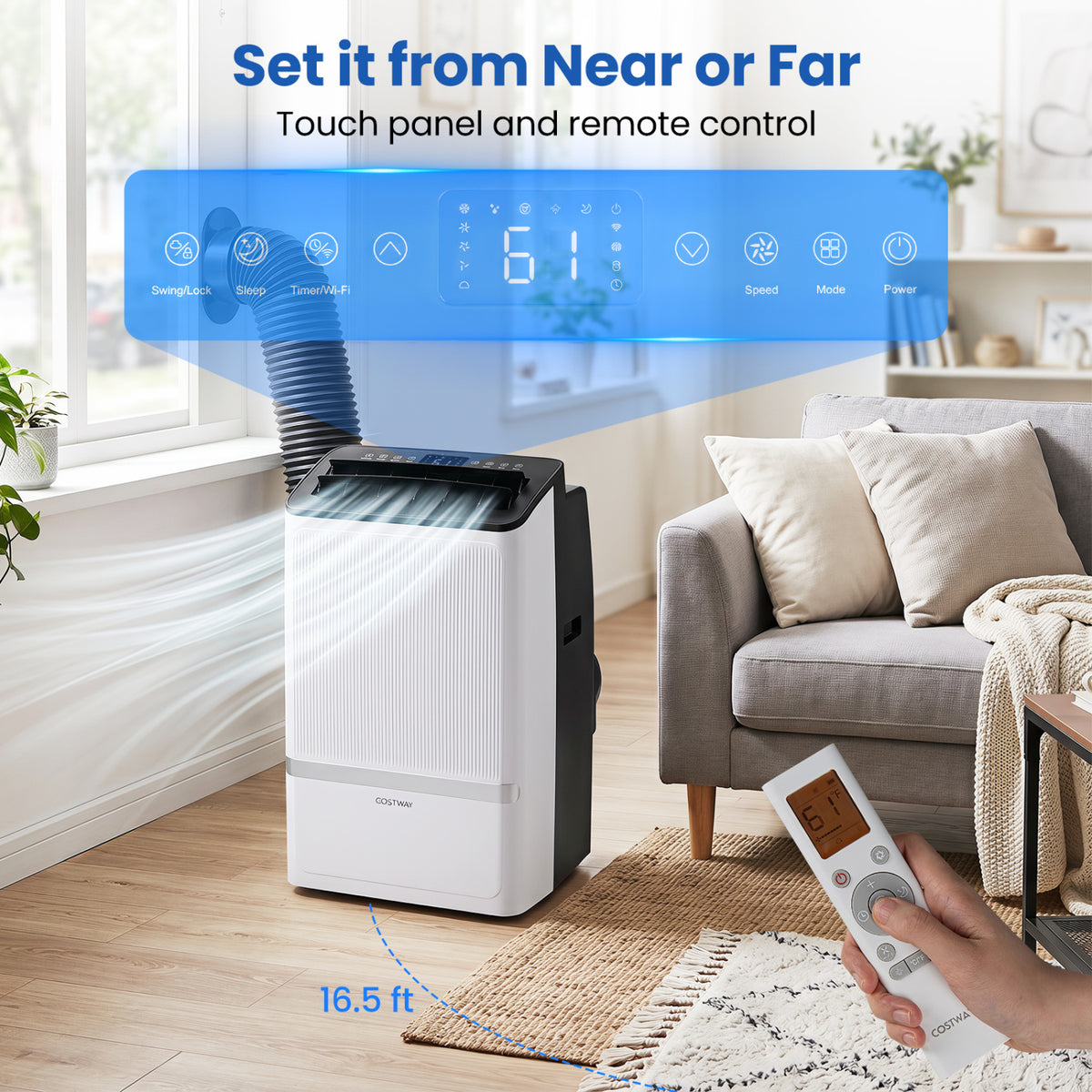 Black 14000 BTU WiFi-enabled portable air conditioner with dehumidifier and 24-hour timer by Direct Wilsons Home Store.