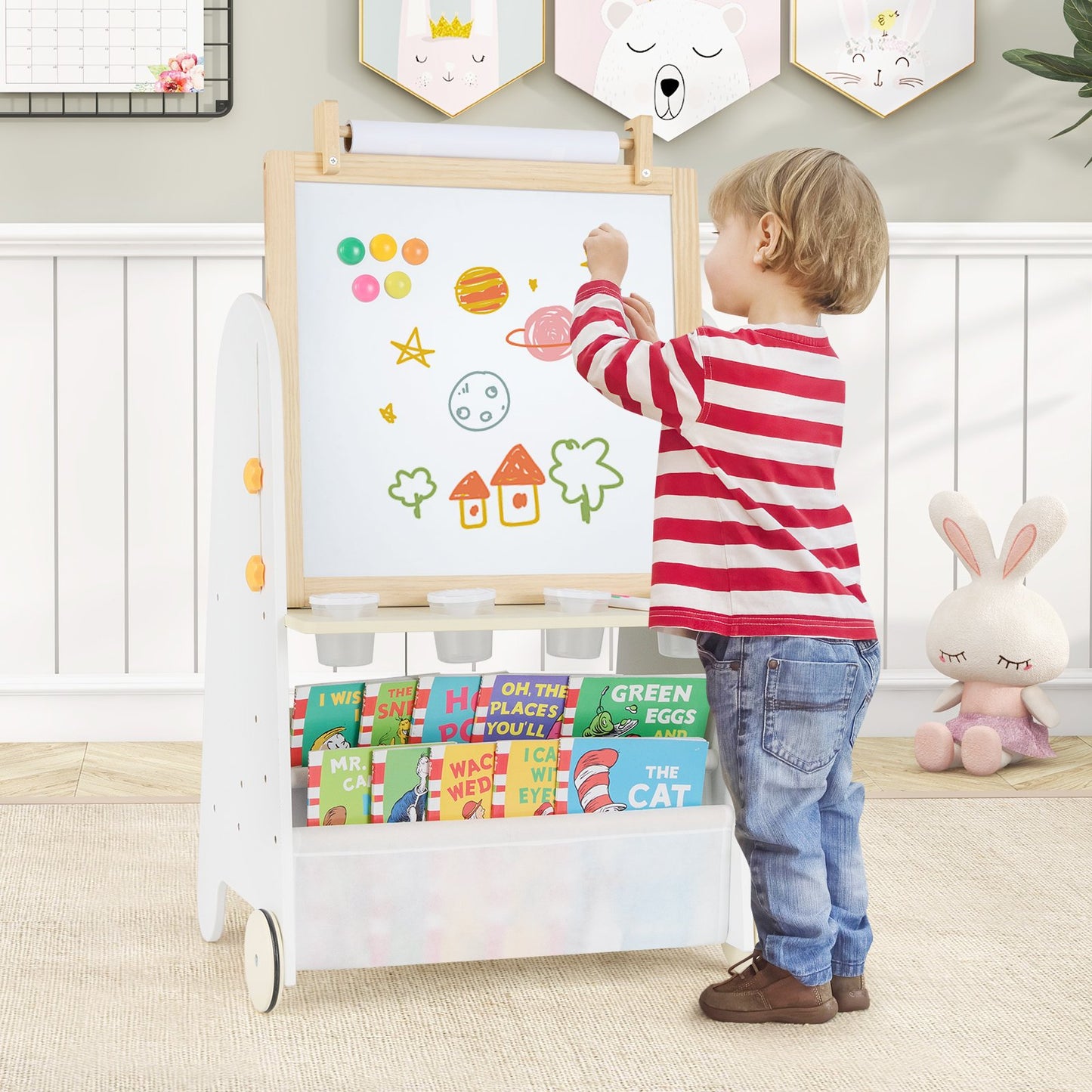 4-in-1 Toddler Activity Table Set with Magnetic Whiteboard and Chalk Board-Gray