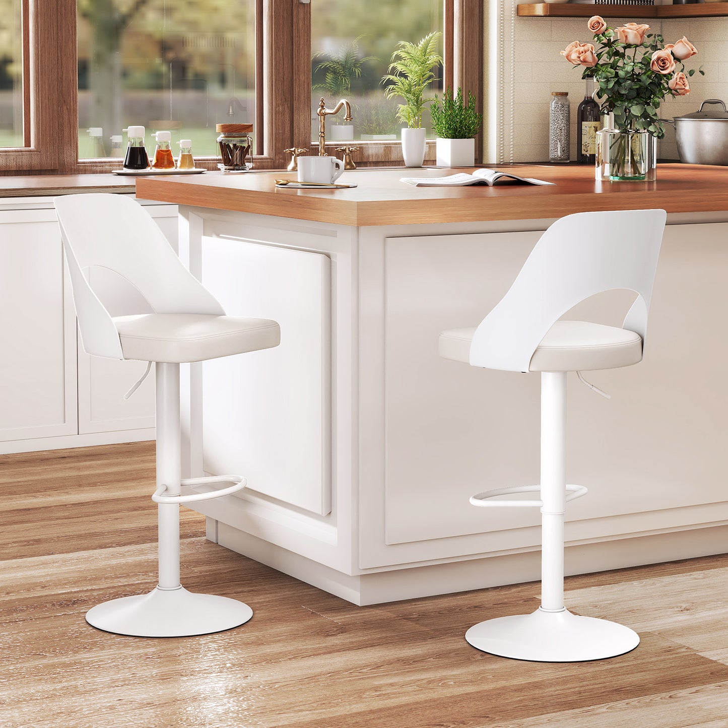 Bar Stools Set of 2 with Enlarged PU Leather Seat and Footrest-Black