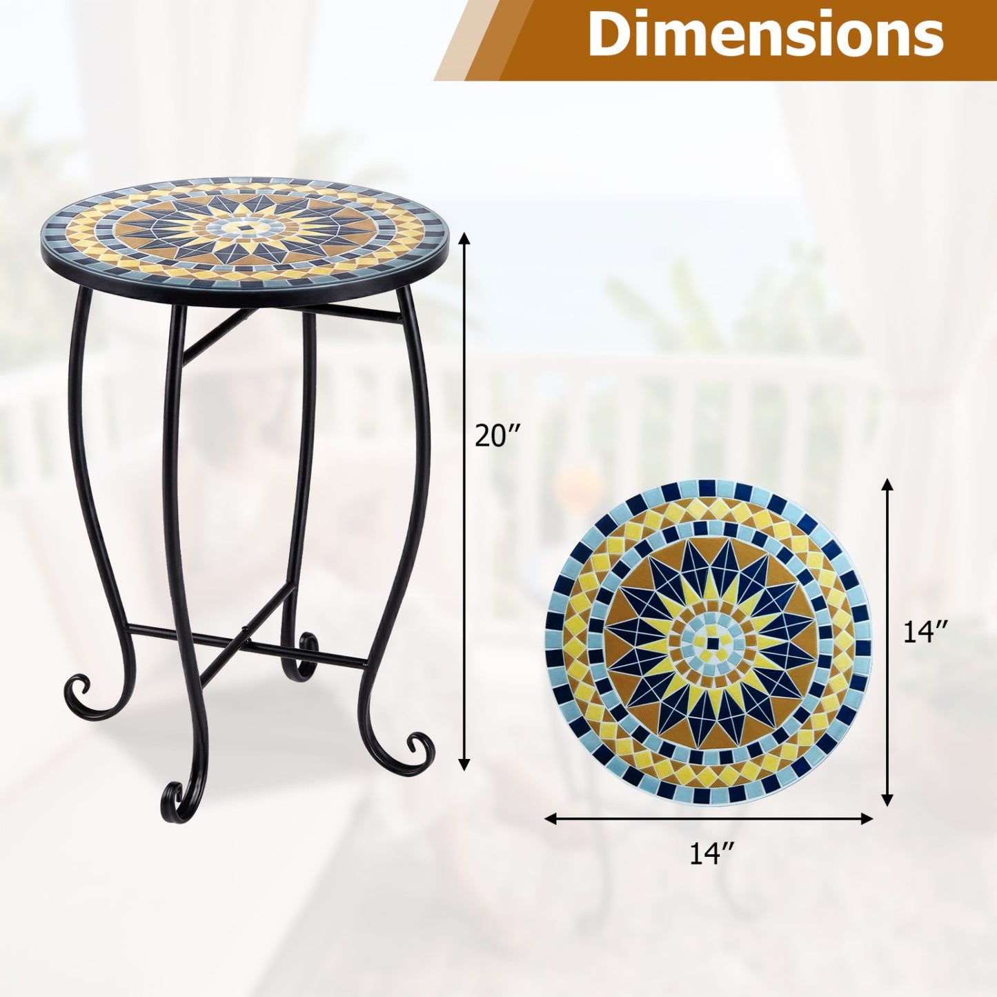 14-inch floral mosaic patio coffee table with blooming lotus, sunflower, and clover designs in blue for outdoor decor.