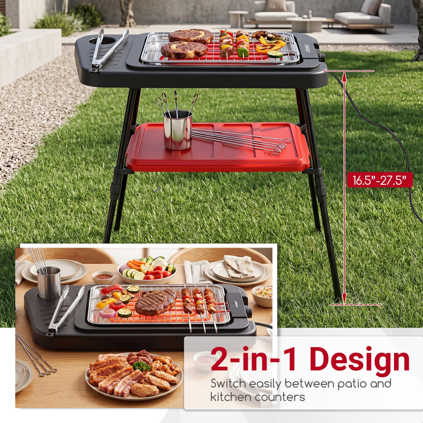 Red 1500W 2-in-1 electric grill with detachable stand and dual cooking plates, ideal for outdoor balcony grilling.