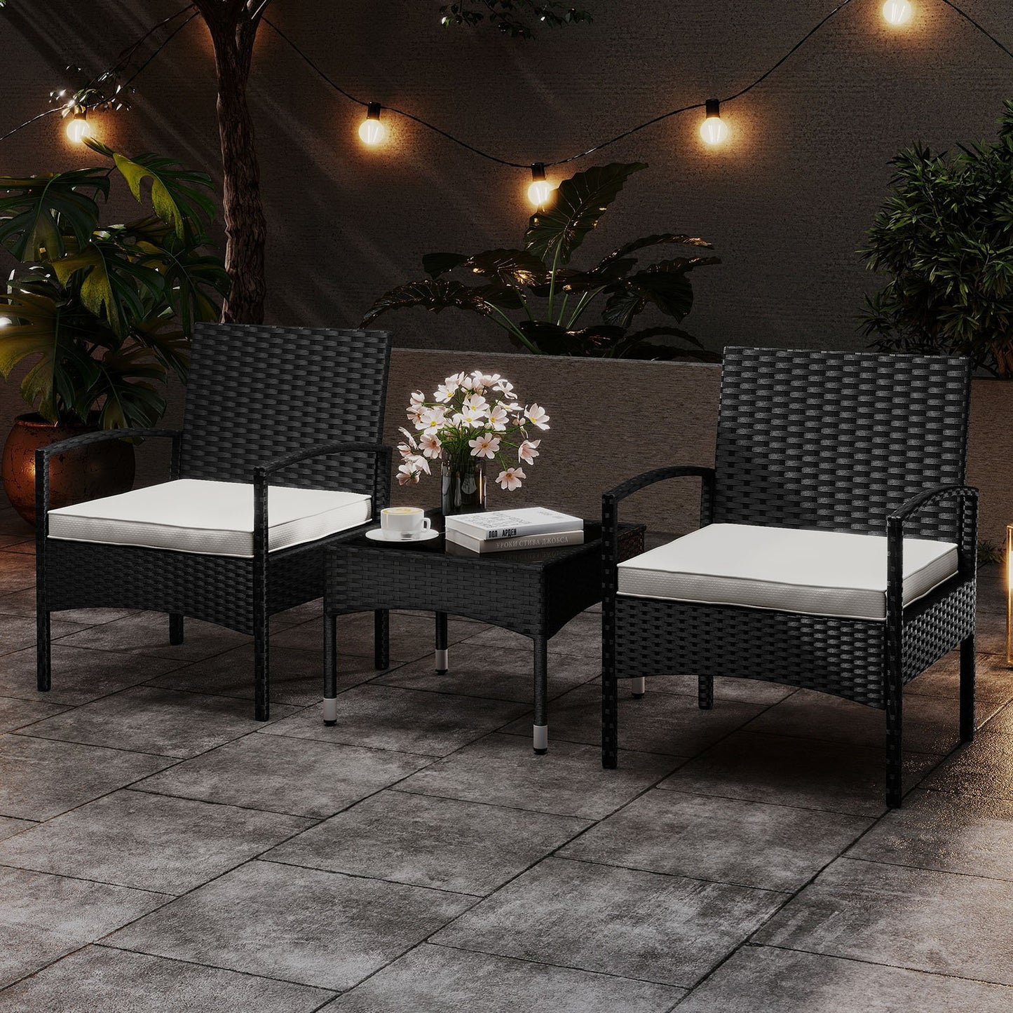 3-Piece Patio Furniture Set Rattan Bistro Chairs with Table-Beige