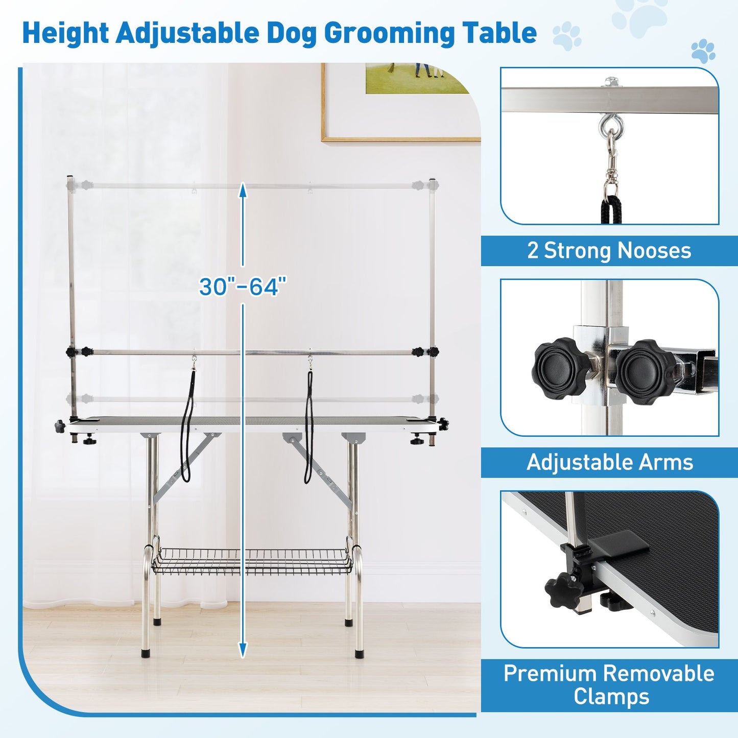Foldable Dog Grooming Table with Height Adjustable Arms-Black