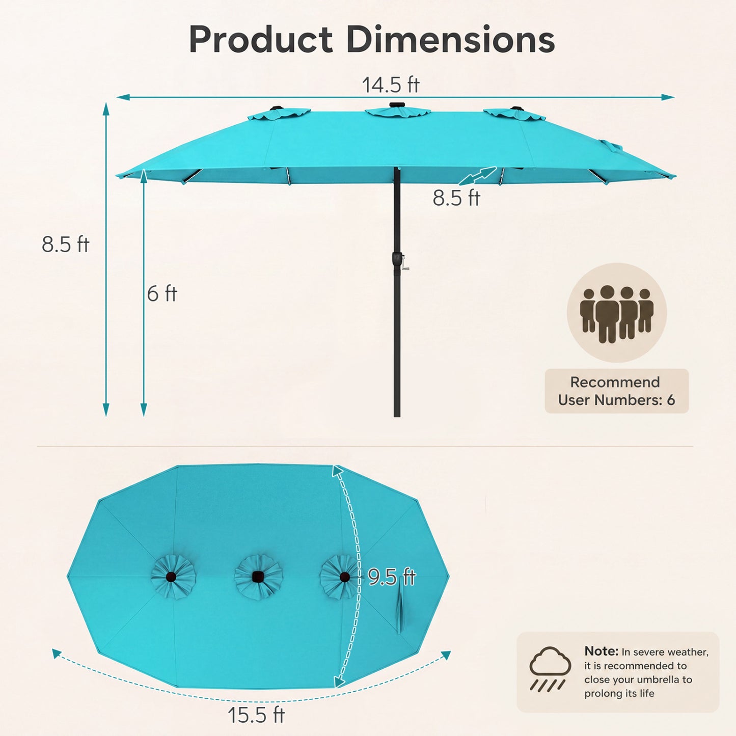 15.5FT Extra-Large Patio Umbrella 12 Reinforced Metal Ribs-Beige