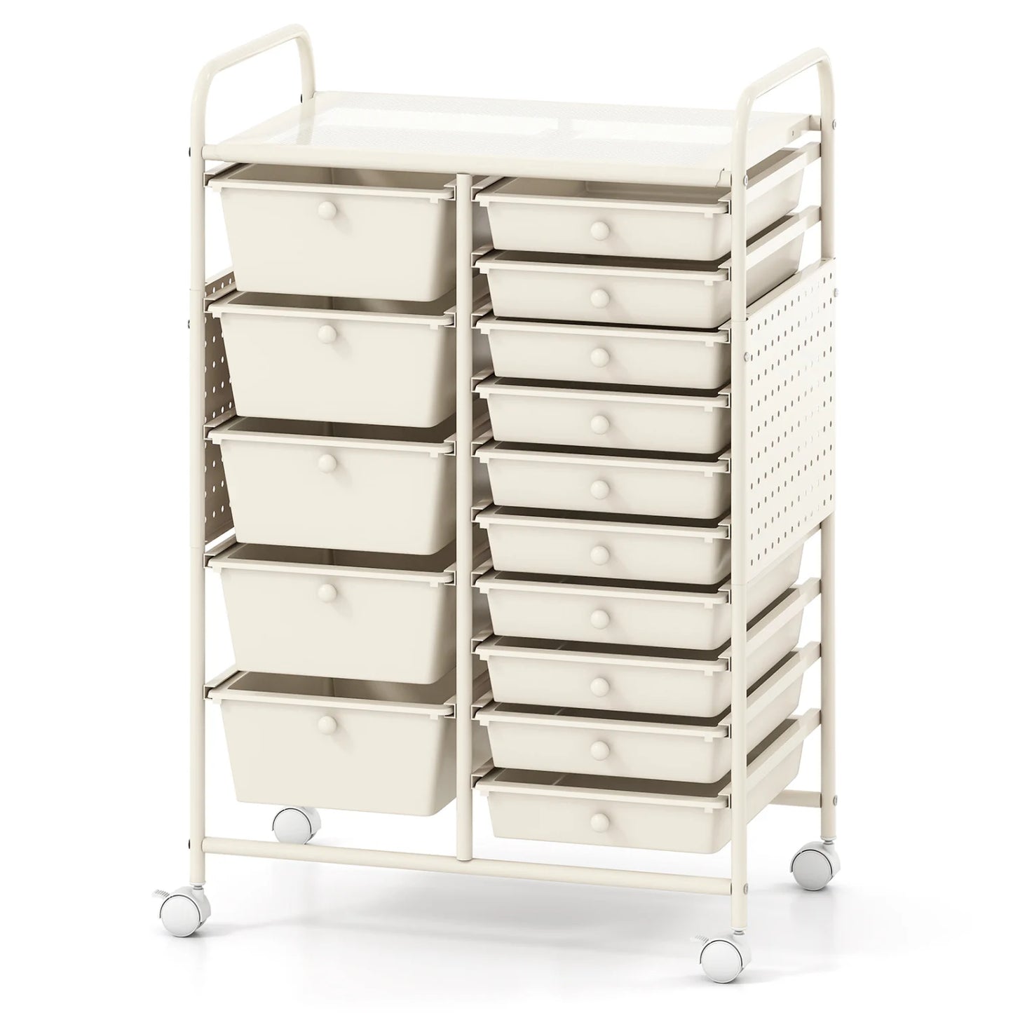 Green 15-drawer rolling storage cart with metal tabletop and pegboard, ideal for home office organization and file storage.