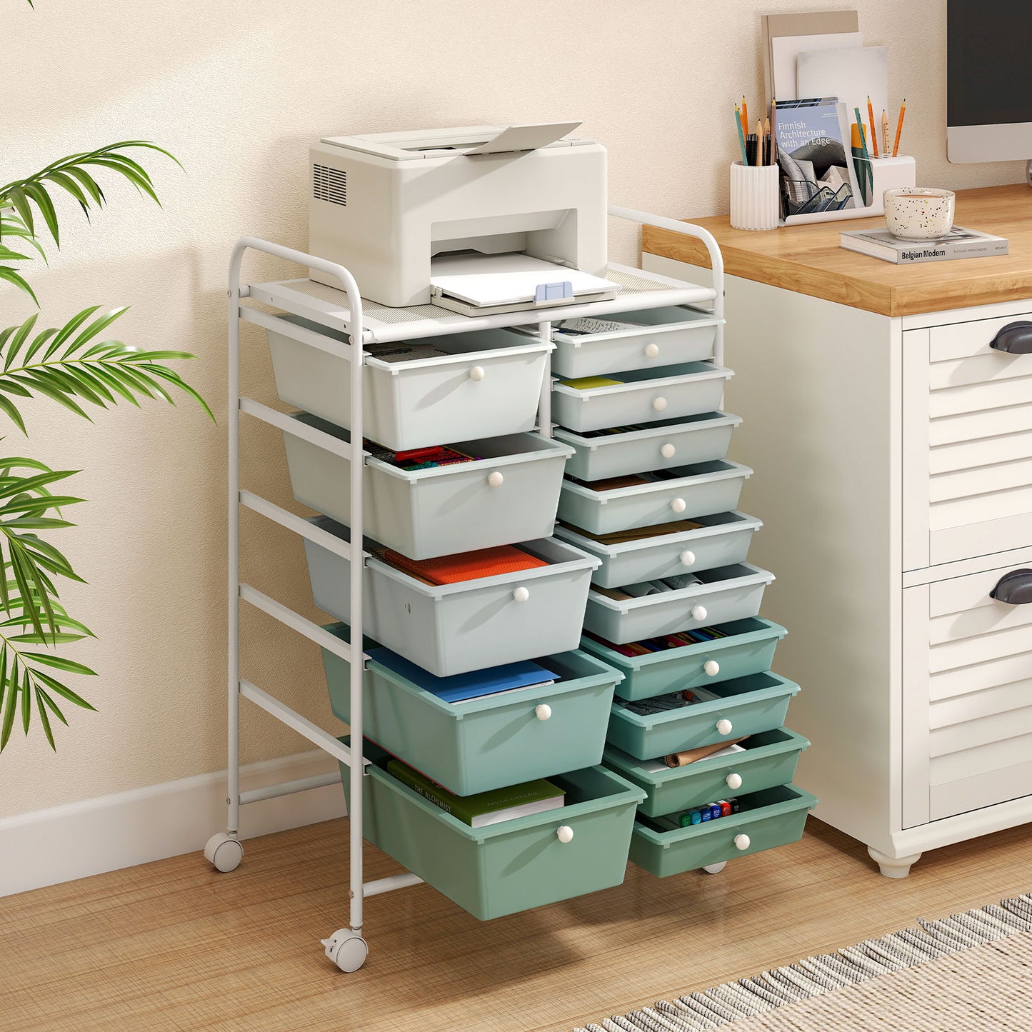 15-Drawer Utility Rolling Cart with Drawers Multi-Use Storage-Icecream Multicolor