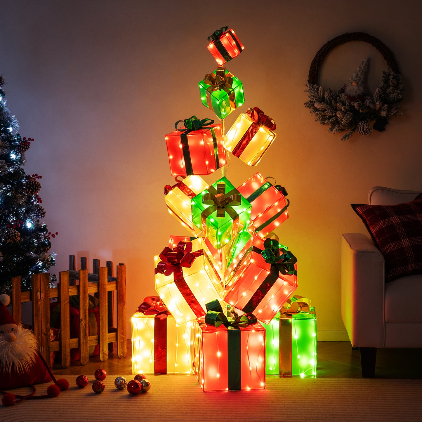 15 PCS Lighted Christmas Boxes with Bowknot and 483 LED Light Bulbs for Indoor Outdoor
