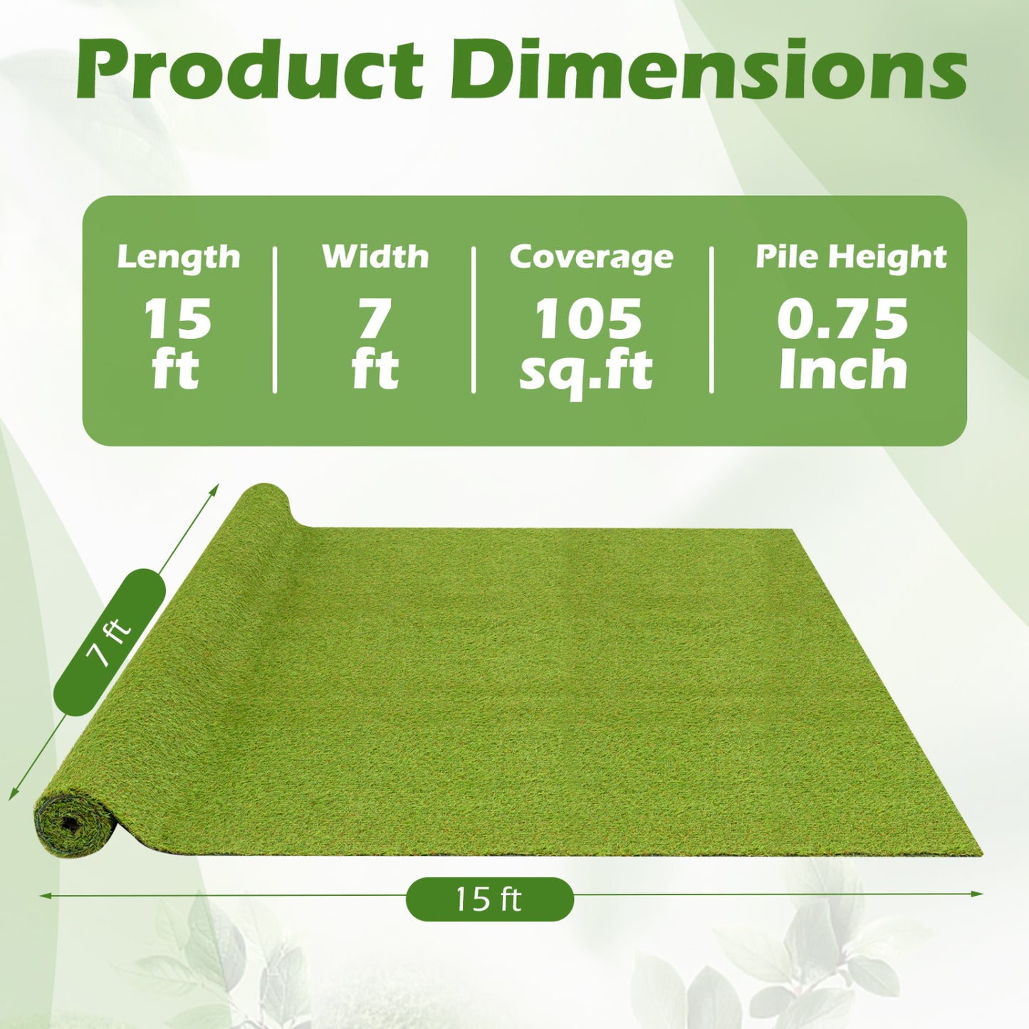 15 x 7 feet artificial turf rug with low 0.75 inch pile height, ideal for outdoor decor from Wilsons Home Store.