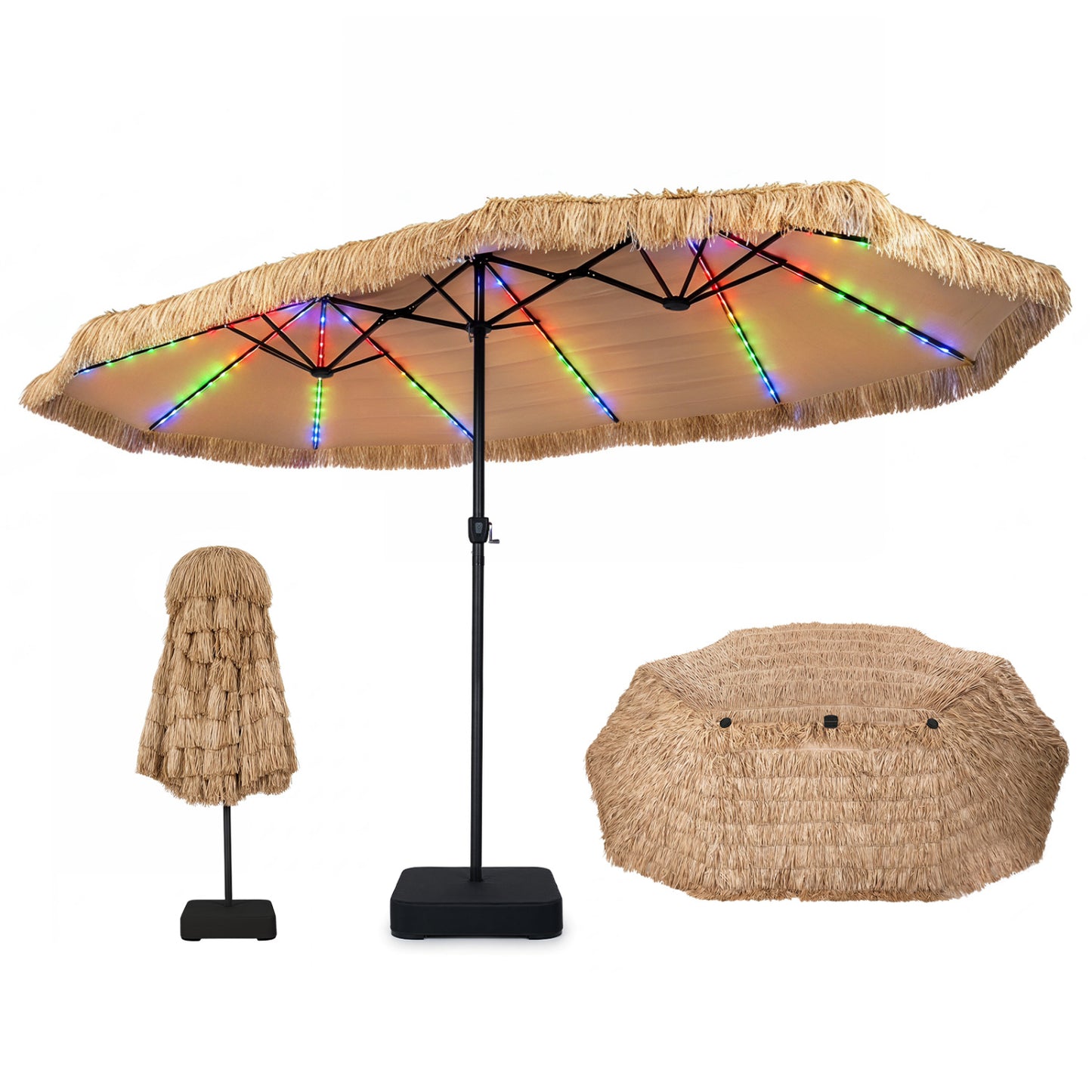 15x9 ft solar double-sided patio umbrella with 144 multi-colored flowing lights and sturdy umbrella base in brown.