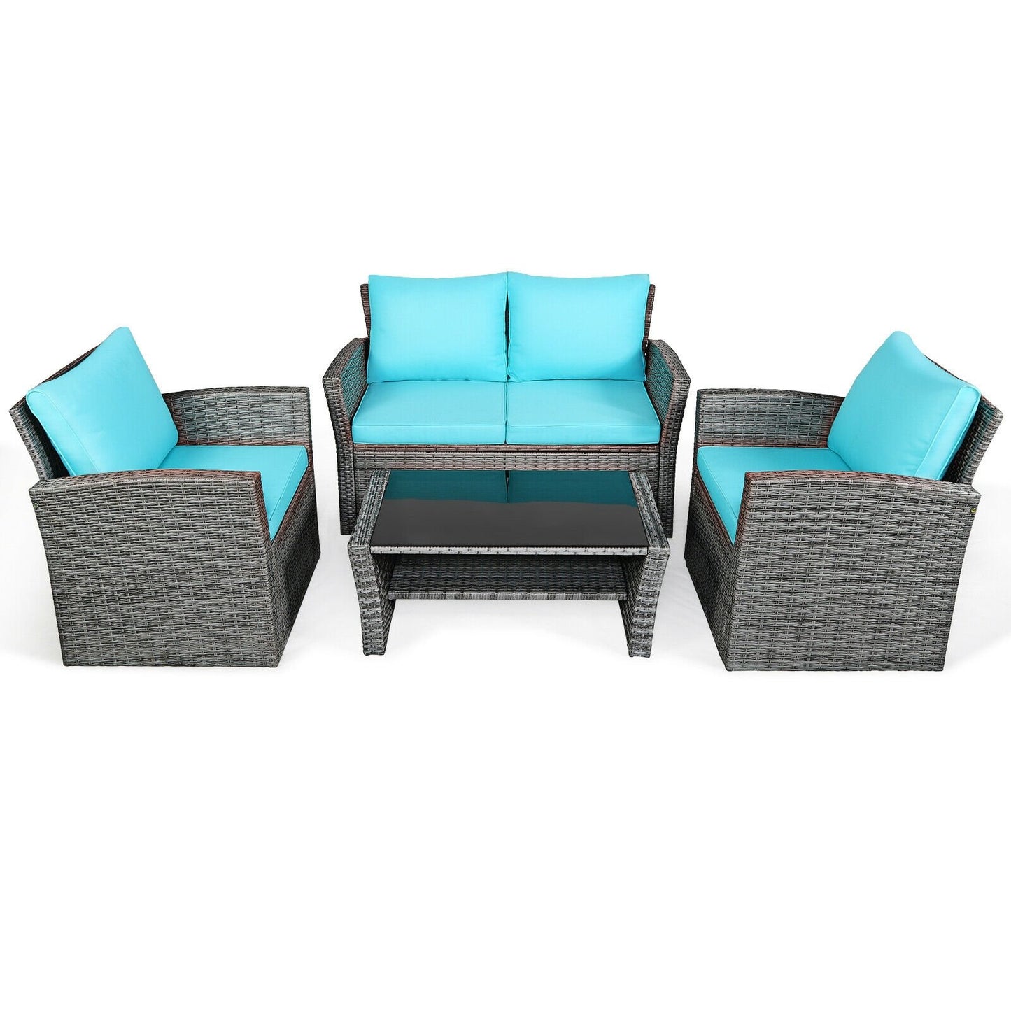 4 Pieces Patio Rattan Furniture Set Sofa Table with Storage Shelf Cushion-Beige