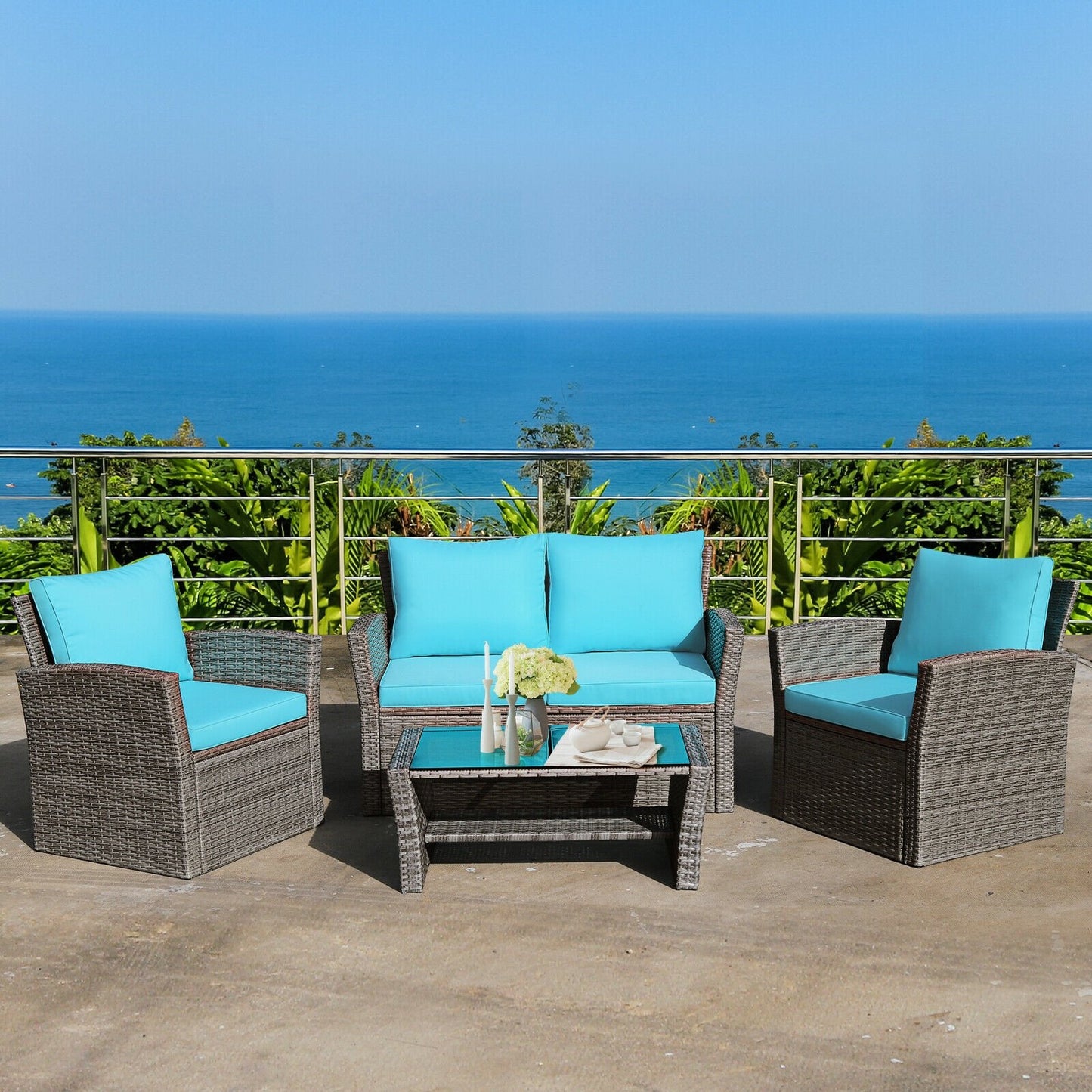 4 Pieces Patio Rattan Furniture Set Sofa Table with Storage Shelf Cushion-Beige