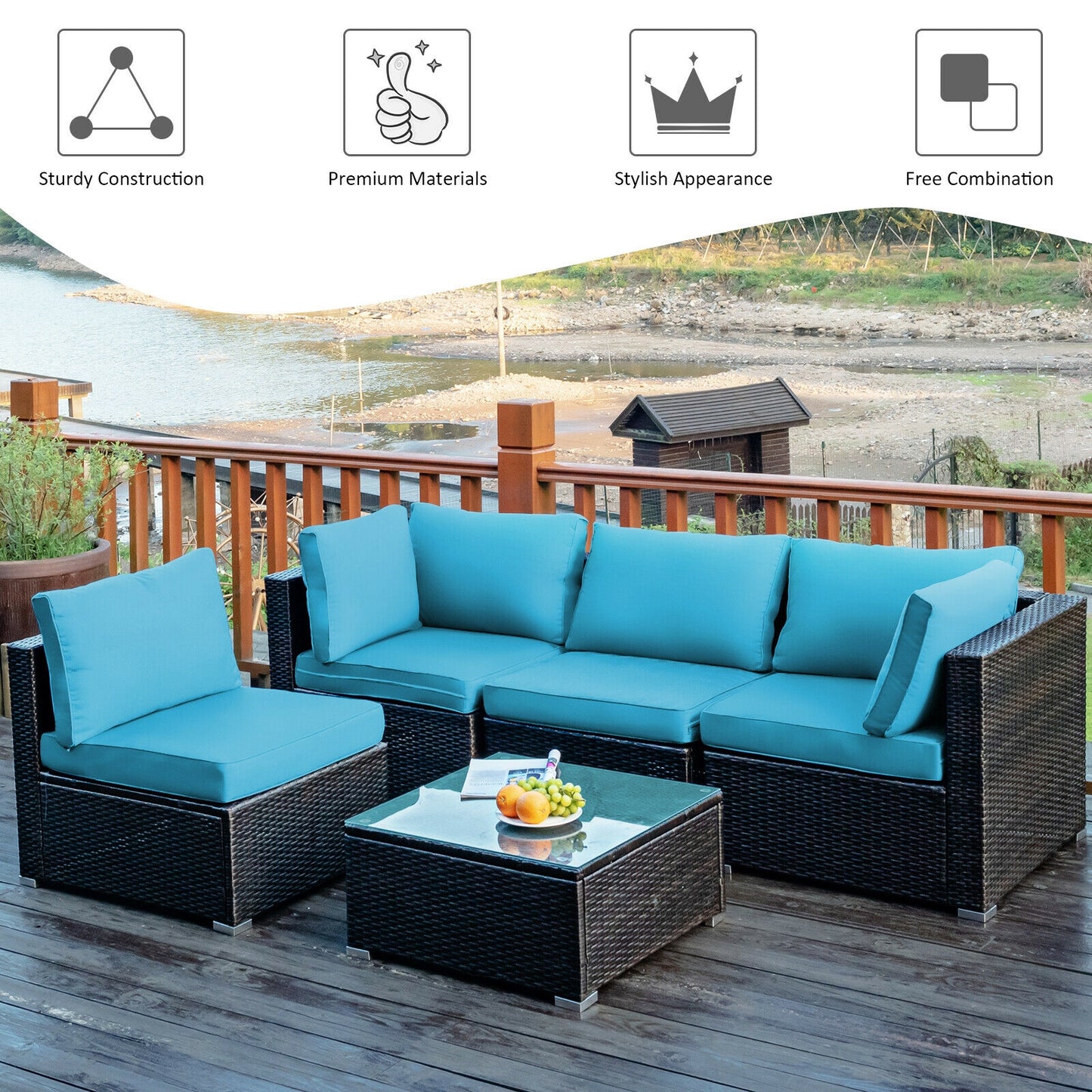 5 Pieces Cushioned Patio Rattan Furniture Set with Glass Table-Turquoise
