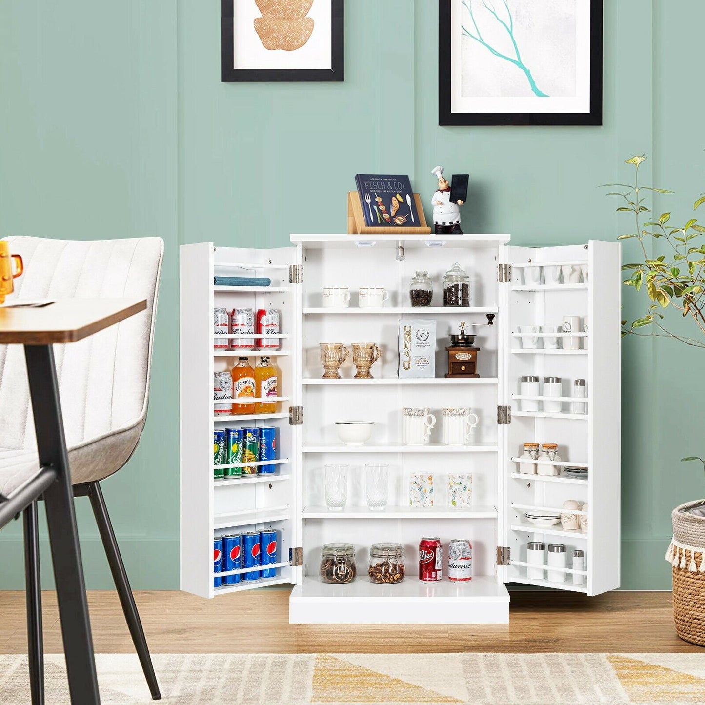 17-Tier Kitchen Pantry Cabinet with 2 Doors and 6 Adjustable Shelves-Gray