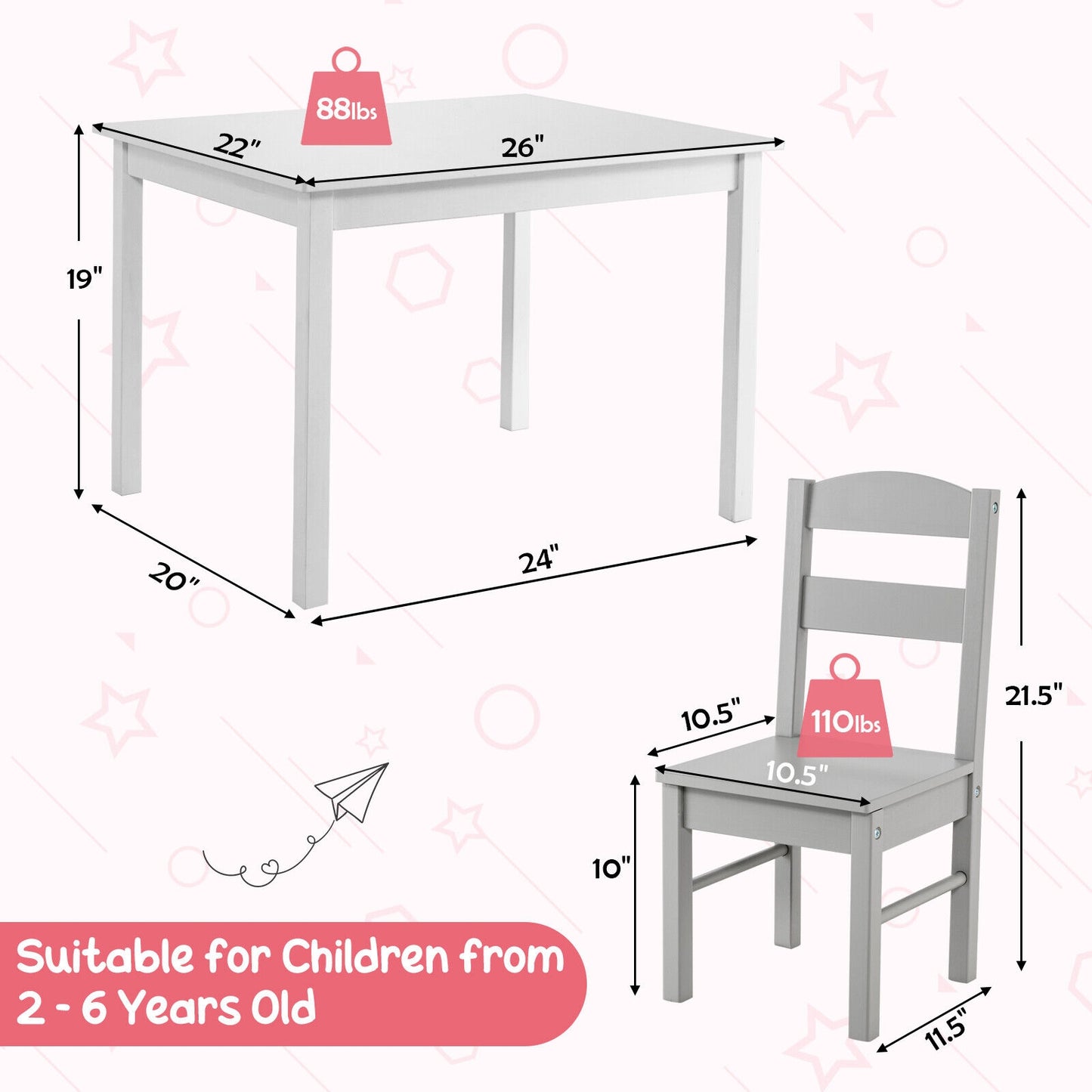 Kids 5 Piece Table and Chair Set Wooden Children Activity Playroom Furniture Gift-White