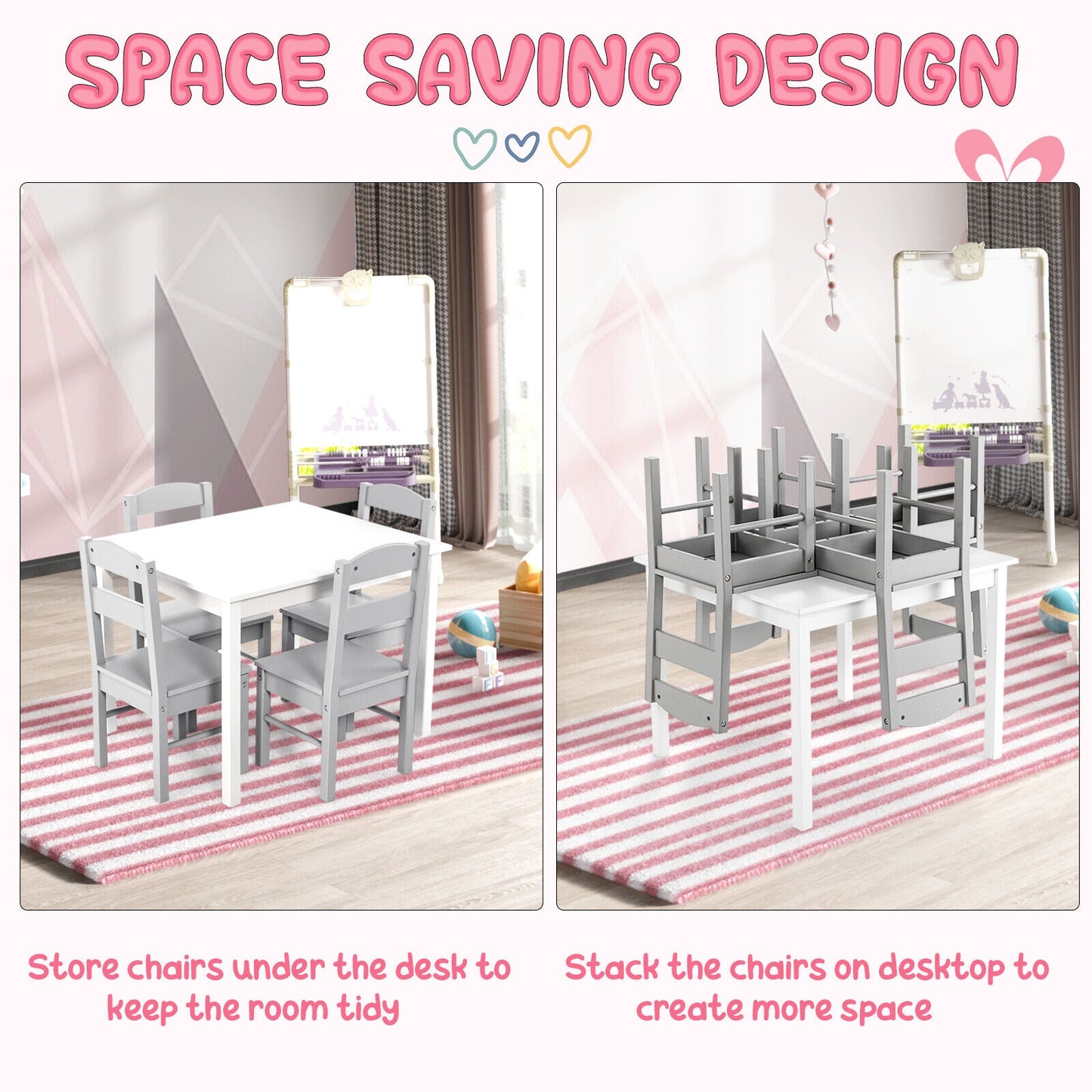 Kids 5 Piece Table and Chair Set Wooden Children Activity Playroom Furniture Gift-White