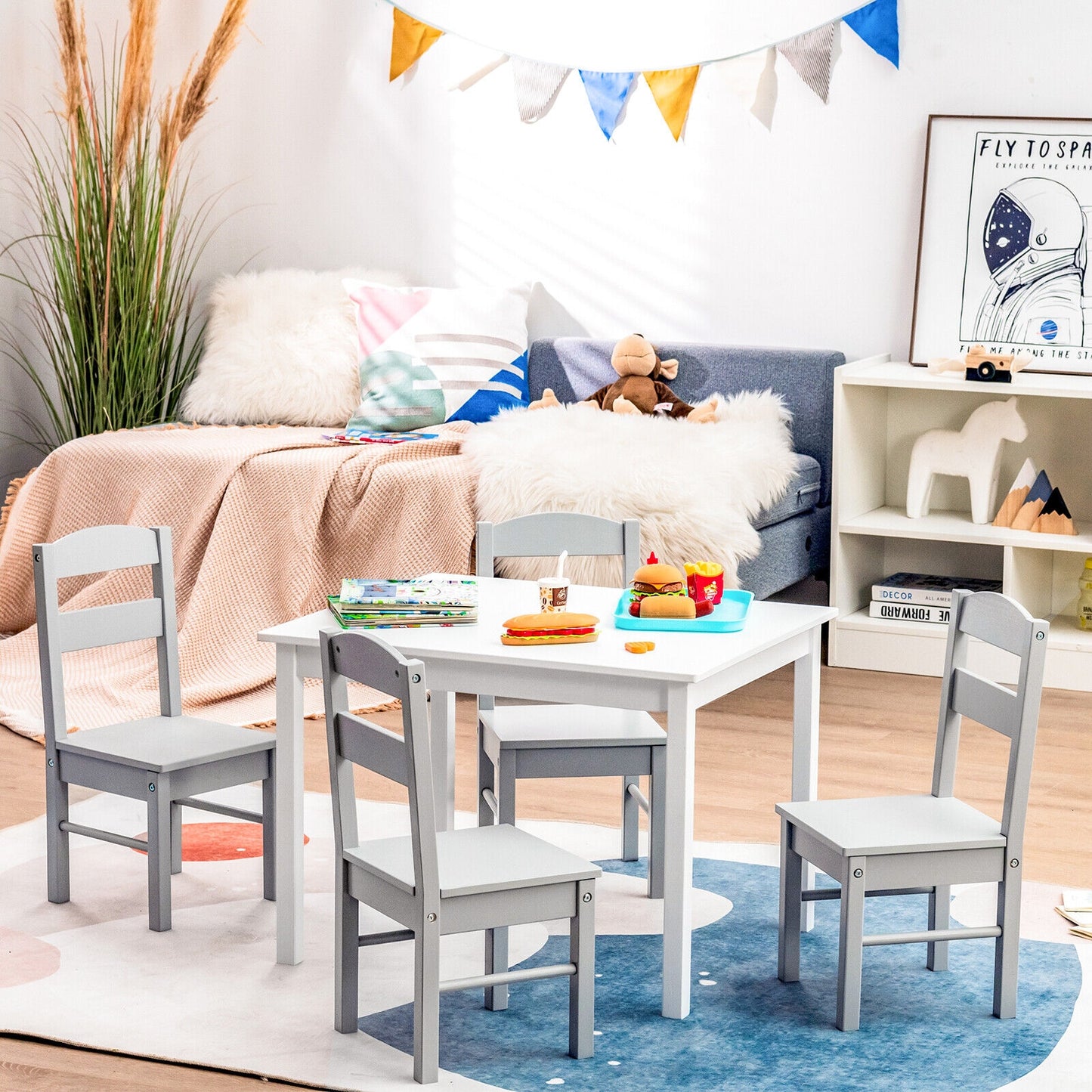 Kids 5 Piece Table and Chair Set Wooden Children Activity Playroom Furniture Gift-White