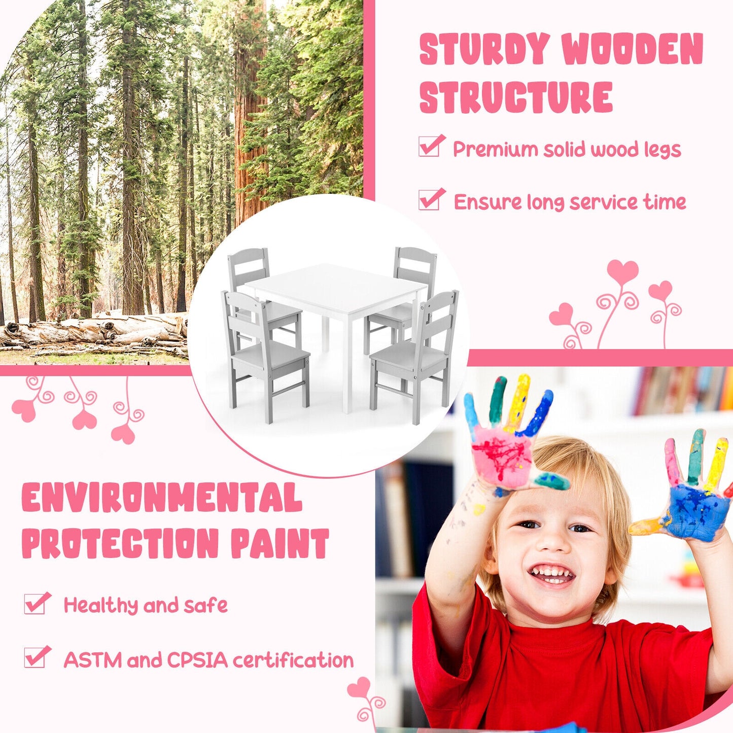 Kids 5 Piece Table and Chair Set Wooden Children Activity Playroom Furniture Gift-White