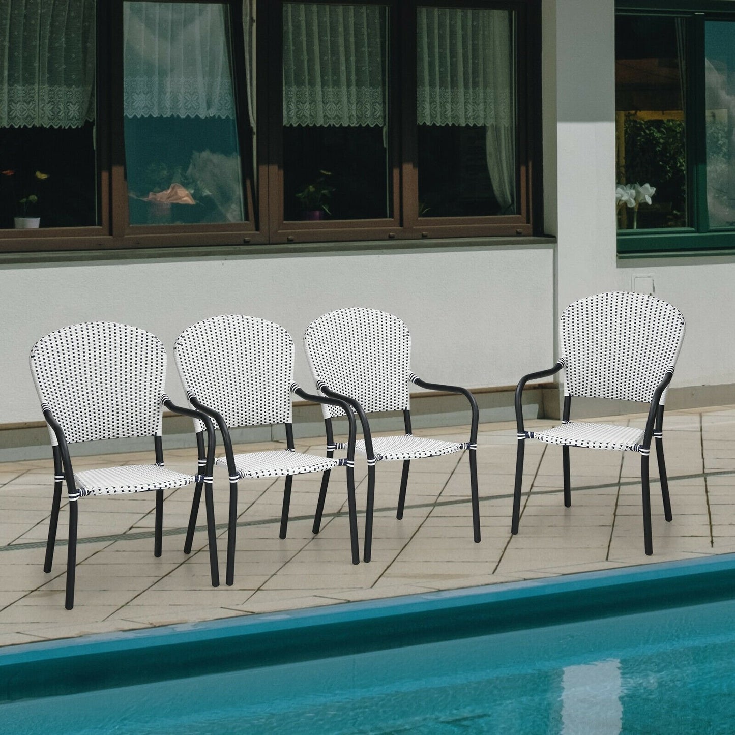 Set of 4 Patio Rattan Stackable Dining Chair with Armrest for Garden-White