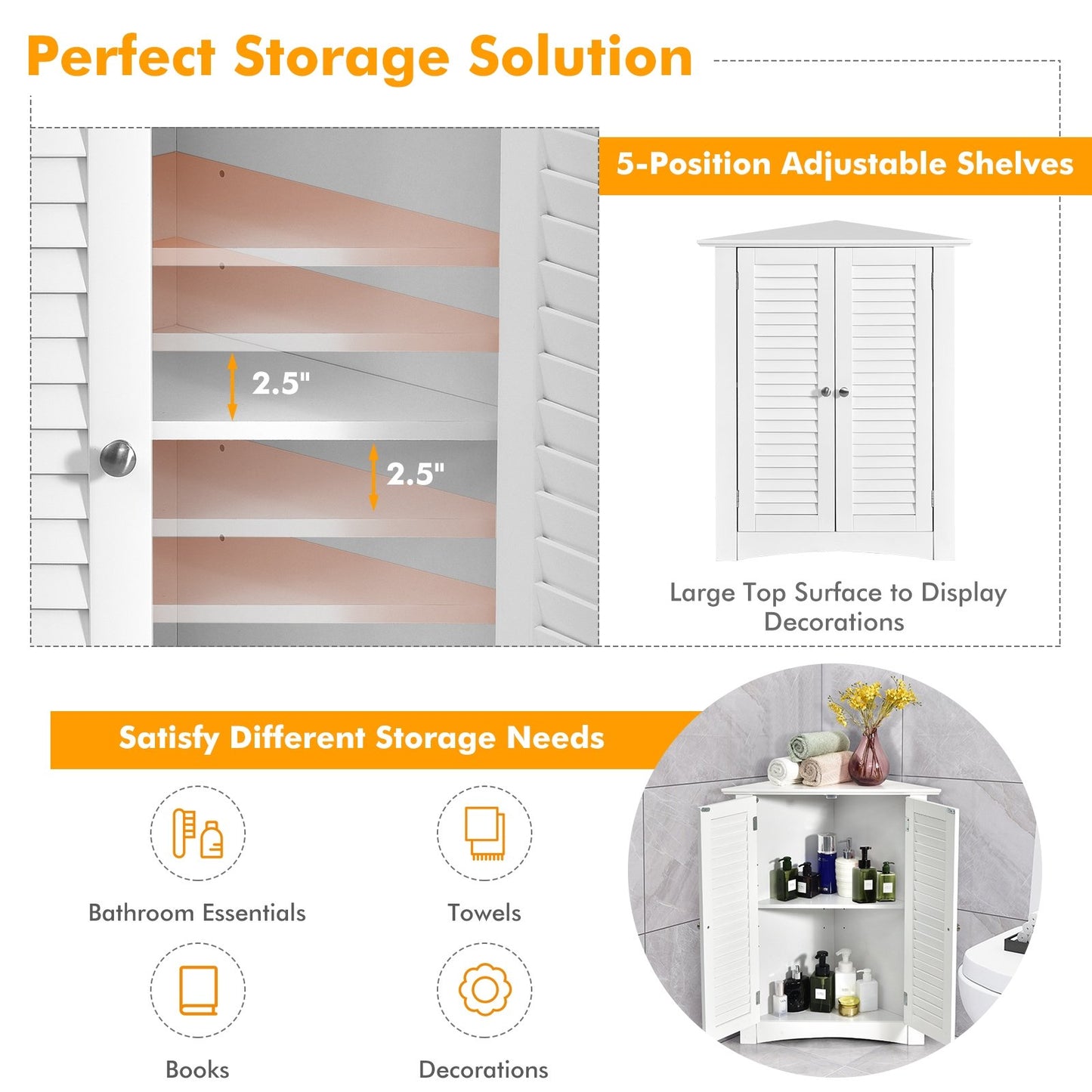 Bathroom Corner Storage Freestanding Floor Cabinet with Shutter Door-Brown