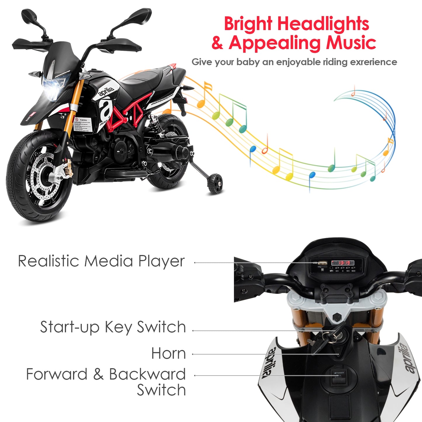 Aprilia Licensed 12V Kids Ride-On Motorcycle-Black