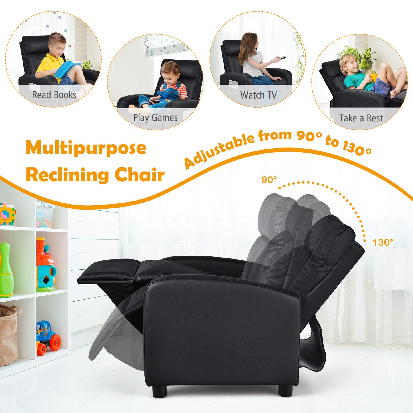 Ergonomic PU Leather Kids Recliner Lounge Sofa for 3-12 Age Group-Black