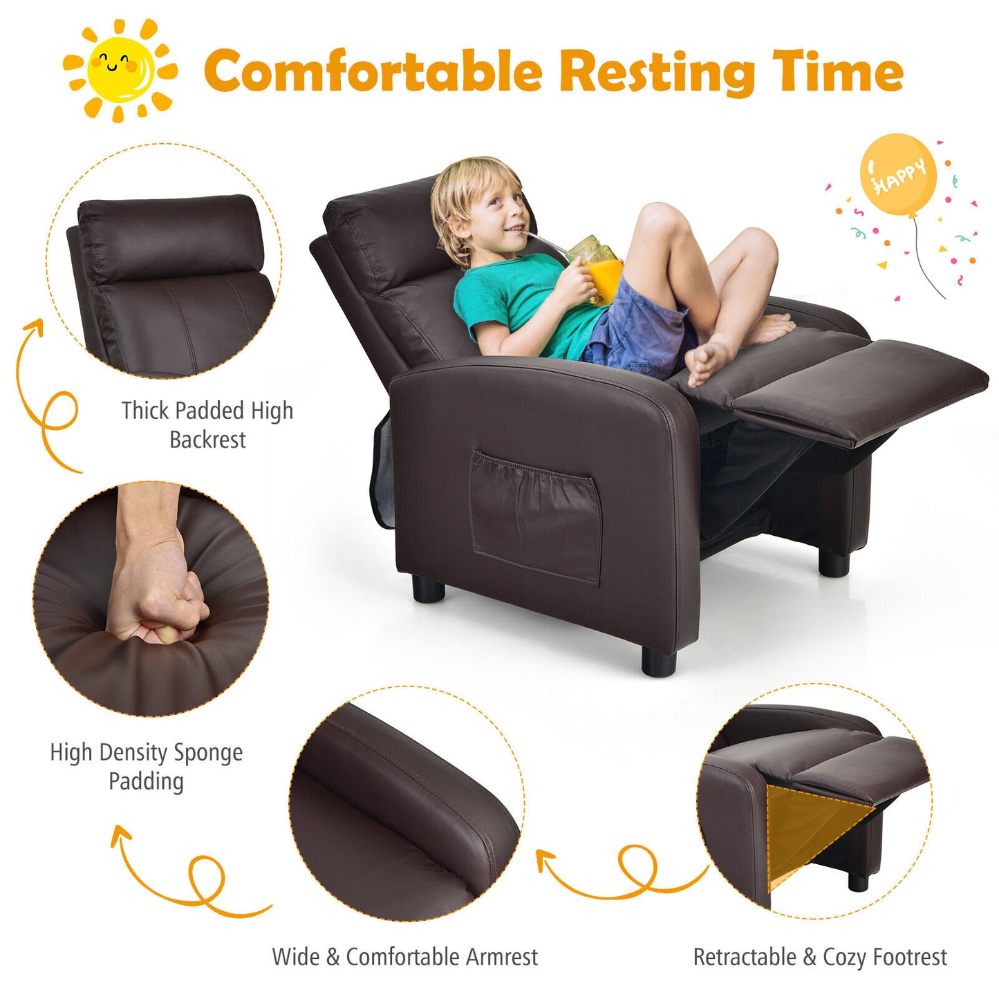 Ergonomic PU Leather Kids Recliner Lounge Sofa for 3-12 Age Group-Brown