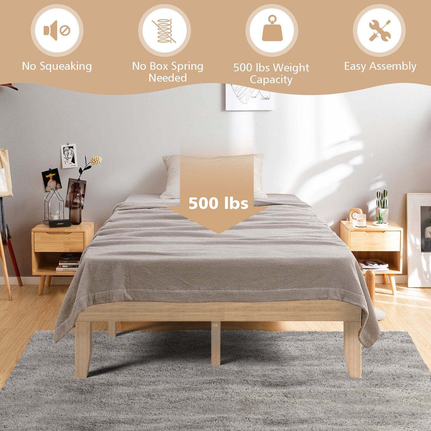 14 Inch Full Size Wood Platform Bed Frame with Wood Slat Support-Brown